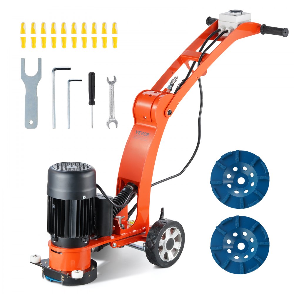 VEVOR electric concrete floor grinder with accessories, including discs, tools, and yellow nozzles.