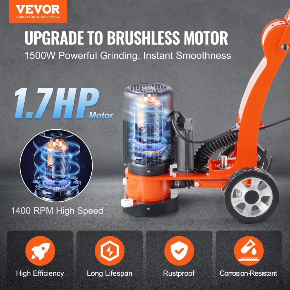 VEVOR Concrete Floor Grinder 7"/17.8 cm Walk-Behind Polisher 2.0HP Adjustable Machine