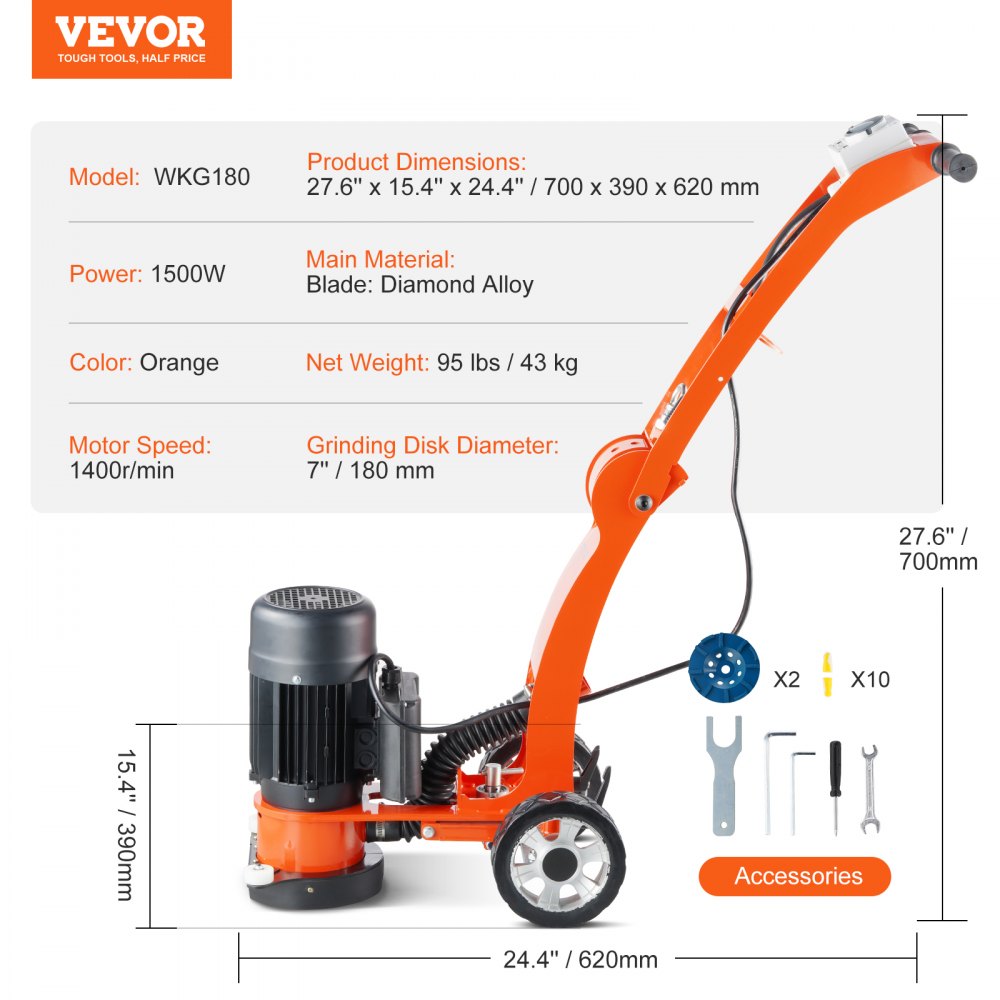 VEVOR Concrete Floor Grinder 7"/17.8 cm Walk-Behind Polisher 2.0HP Adjustable Machine