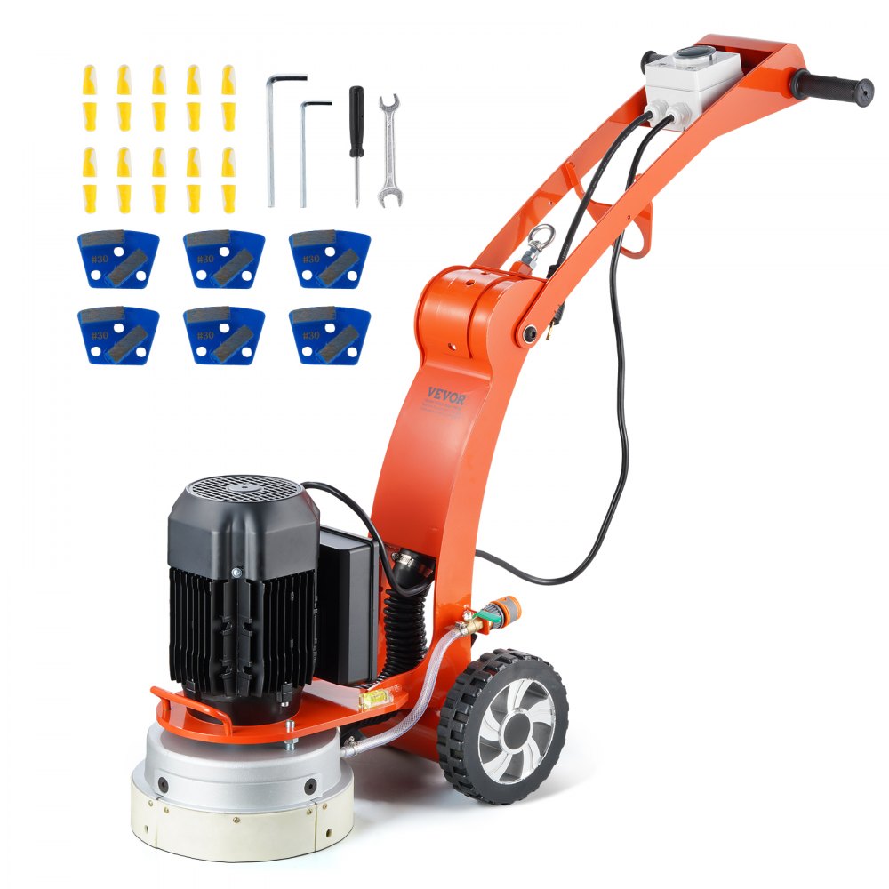 VEVOR electric concrete floor grinder with accessories, including grinding wheels, tools, and handle.