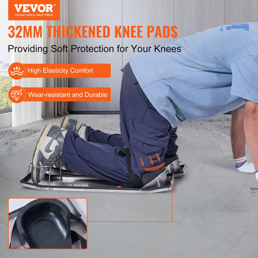 VEVOR Concrete Knee Boards Stainless Steel, 28'' x 8'' Concrete Sliders, 2 Pairs Concrete Knee Pads Moving Sliders, with Knee Pads & Board Straps for Cement and Concrete Finishing