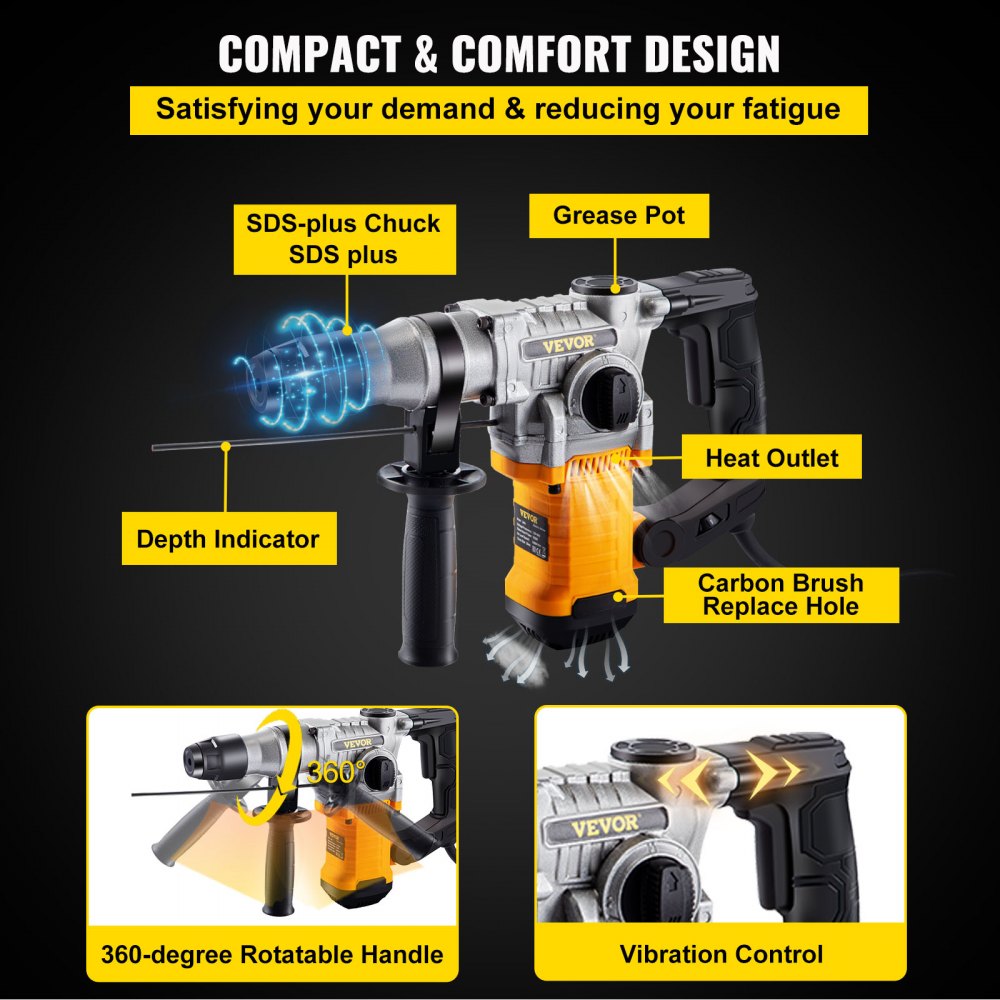 VEVOR Rotary Hammer Drill, 1" SDS Hammer Drill, 9.5A Rotary Hammer, 1050W SDS Plus Hammer Drill, 4-Mode Combination Rotary Hammer, 850RPM Cordless Rotary Hammer w/Case, 220V Rotary Hammer Drill Kit