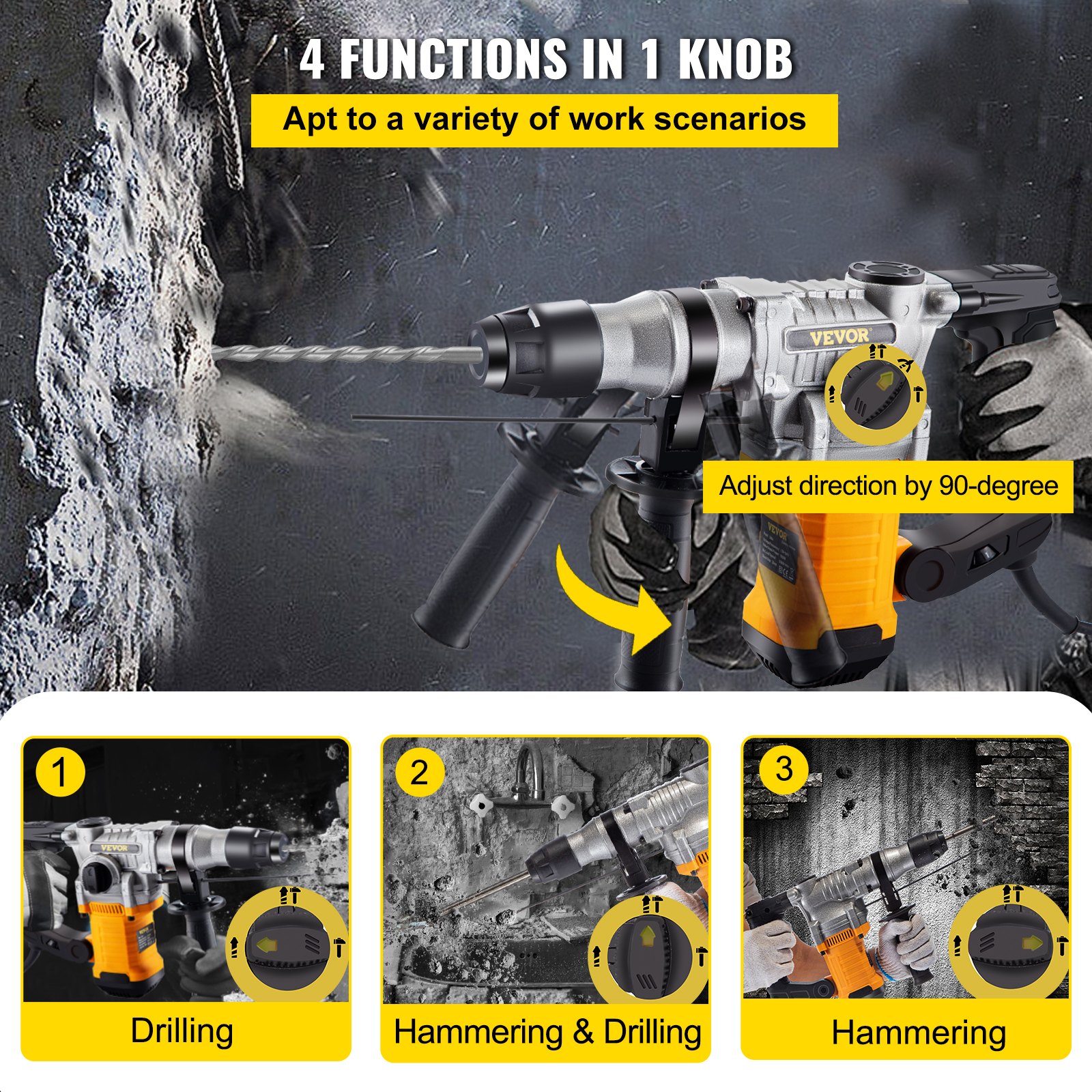 VEVOR Rotary Hammer Drill, 1" SDS Hammer Drill, 9.5A Rotary Hammer, 1050W SDS Plus Hammer Drill, 4-Mode Combination Rotary Hammer, 850RPM Cordless Rotary Hammer w/Case, 220V Rotary Hammer Drill Kit