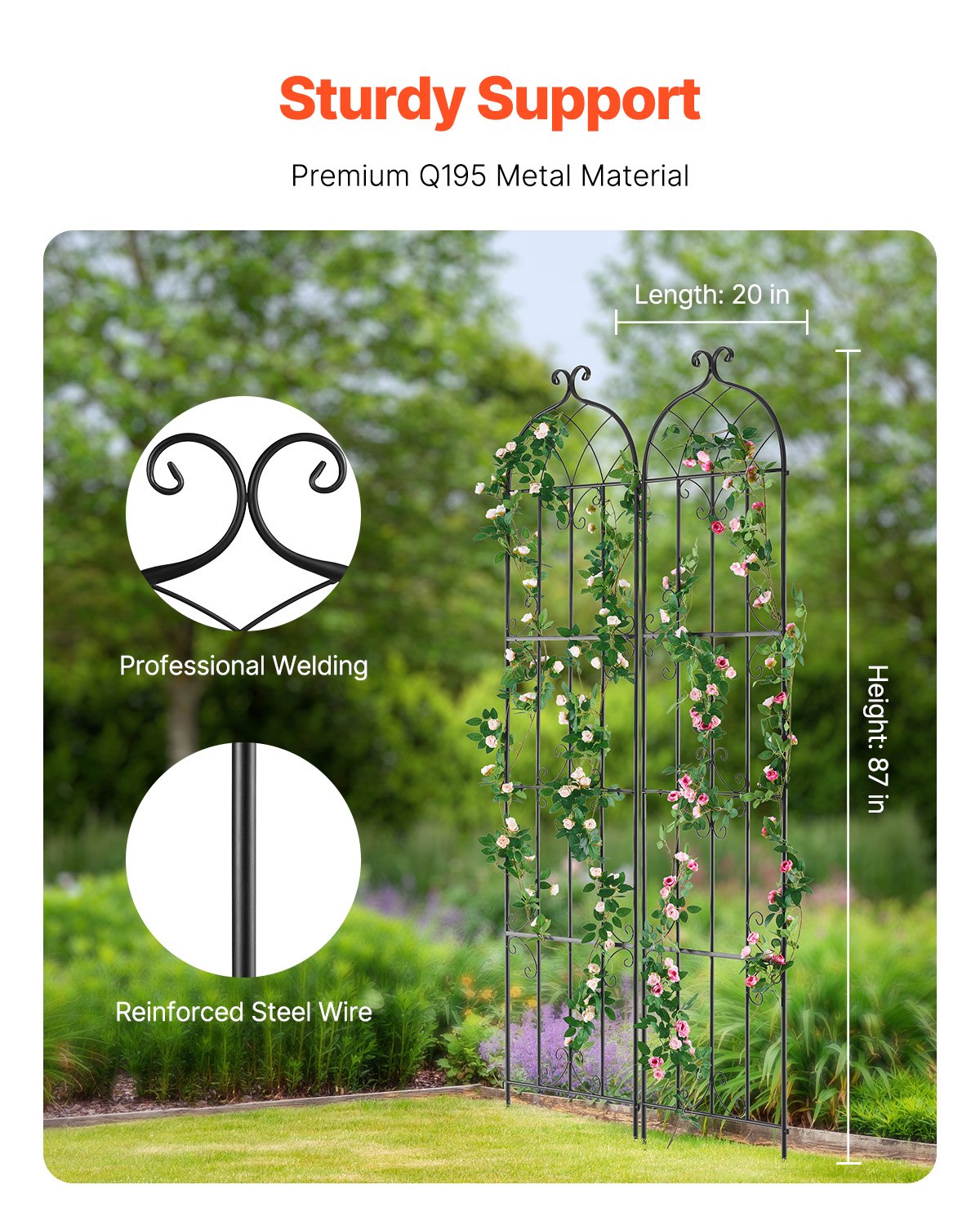 VEVOR Garden Trellis for Climbing Plants, 87 x 20 in, 2 Packs Rustproof Metal Garden Flower Trellis, Outdoor Climbing Rose Trellis Cucumbers Support, Decorative Clematis Trellis for Courtyards Lawns