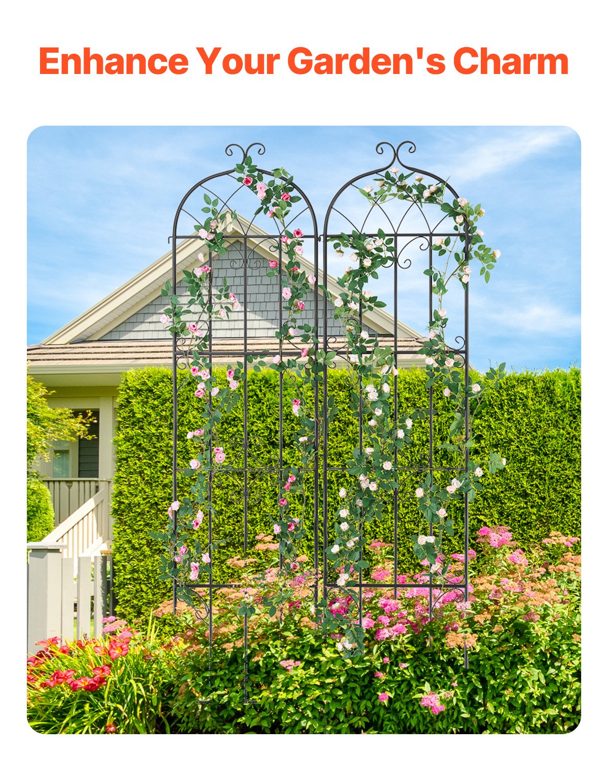 VEVOR Garden Trellis for Climbing Plants, 87 x 20 in, 2 Packs Rustproof Metal Garden Flower Trellis, Outdoor Climbing Rose Trellis Cucumbers Support, Decorative Clematis Trellis for Courtyards Lawns