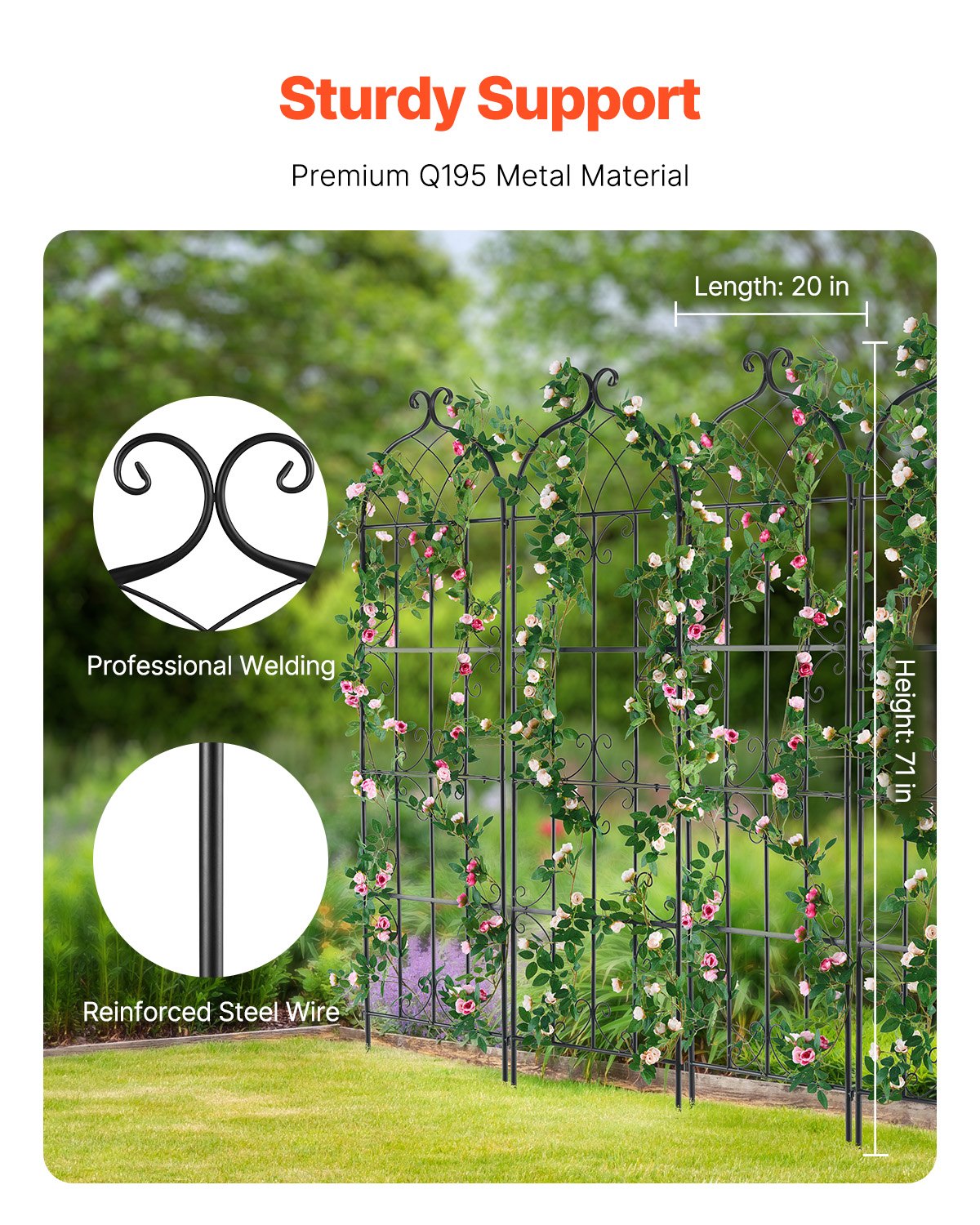 VEVOR Garden Trellis for Climbing Plants, 71 x 20 in, 6 Packs Rustproof Metal Garden Flower Trellis, Outdoor Climbing Rose Trellis Cucumbers Support, Decorative Clematis Trellis for Courtyards Lawns