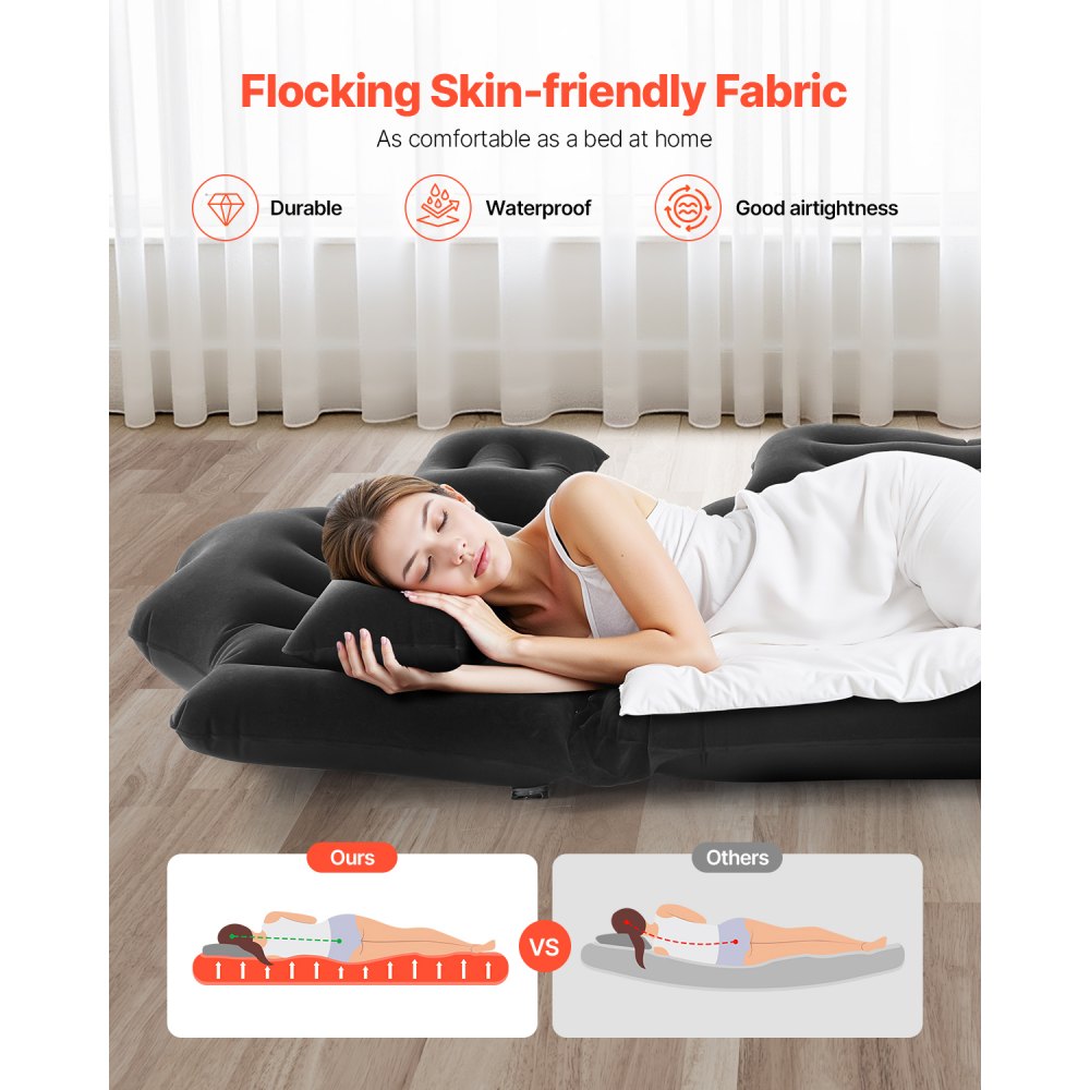 VEVOR Car Air Mattress, Inflatable Back Seat Car Camping Mattress, Flocking Travel Beds, Durable Portable Sleeping Pad with Air Pump, 2 Pillows, Nozzle, Carry Bag, Fits Most SUV MPV Sedan, Black