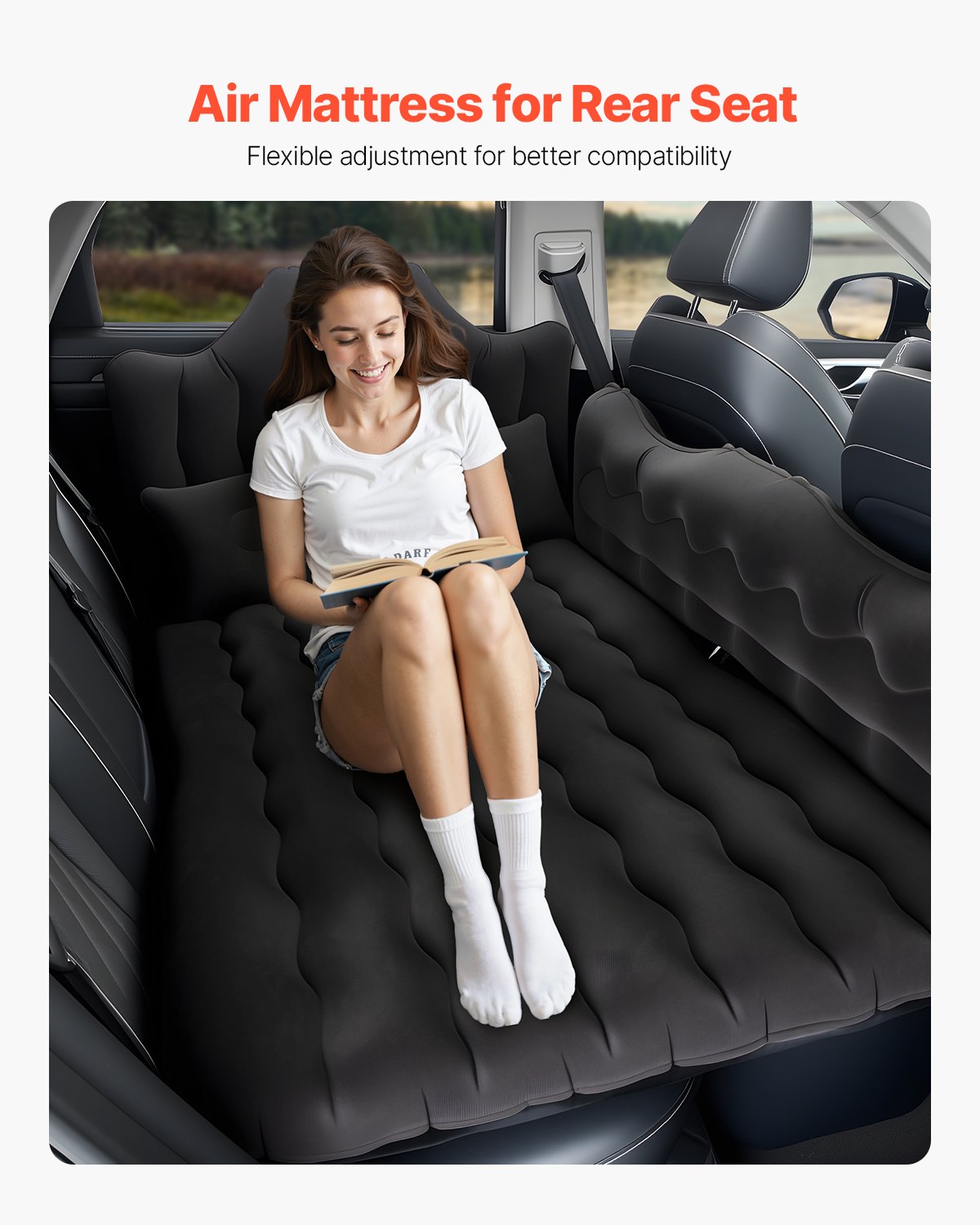 VEVOR Car Air Mattress, Inflatable Back Seat Car Camping Mattress, Flocking Travel Beds, Durable Portable Sleeping Pad with Air Pump, 2 Pillows, Nozzle, Carry Bag, Fits Most SUV MPV Sedan, Black