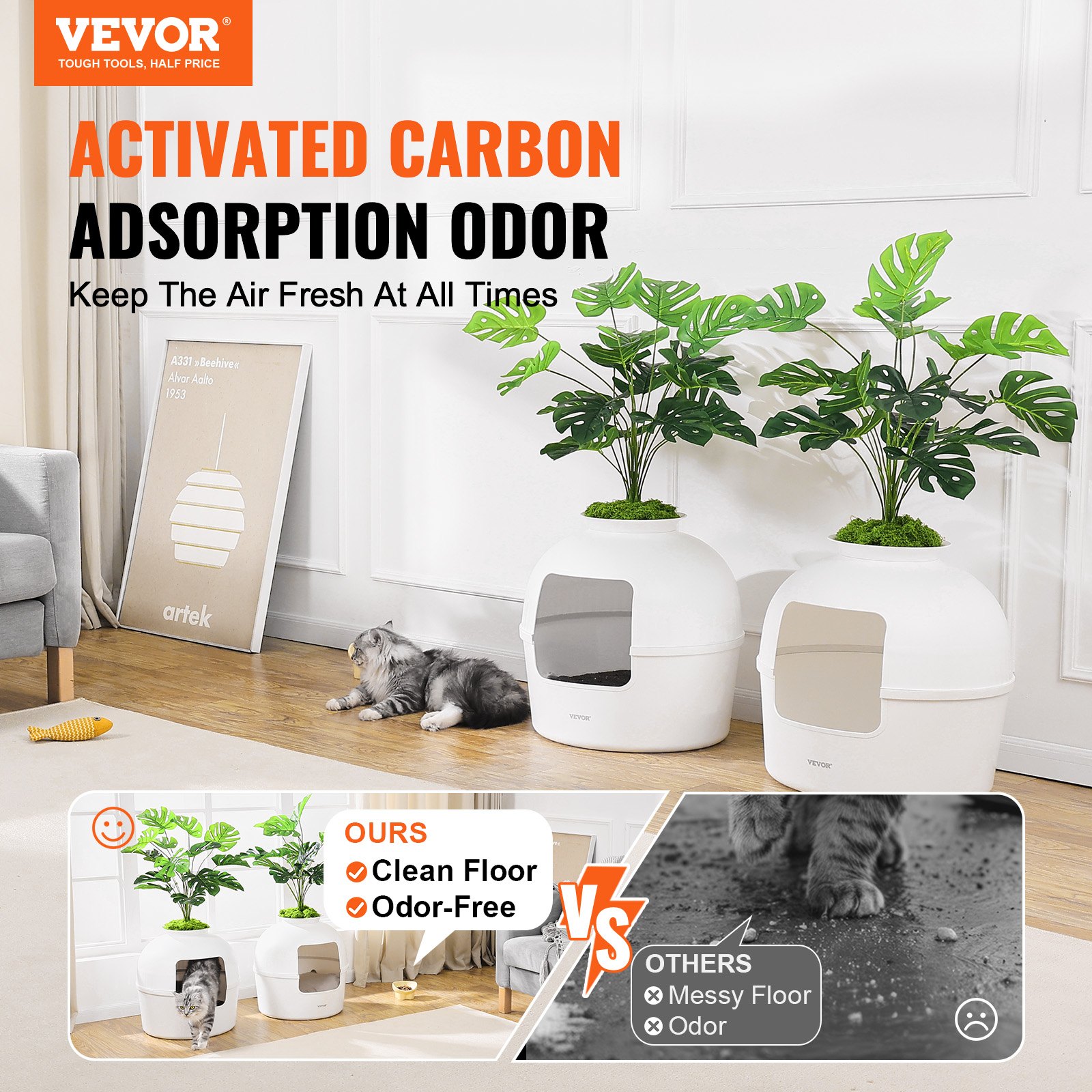 VEVOR Plant Cat Litter Box, Activated Carbon Adsorption System, Hidden Litter Box with 9.49 in Large Entrance, Lighting Decoration & Sturdy PP Material, Fit for Living Room/Corner/Outdoor Pool/Patio