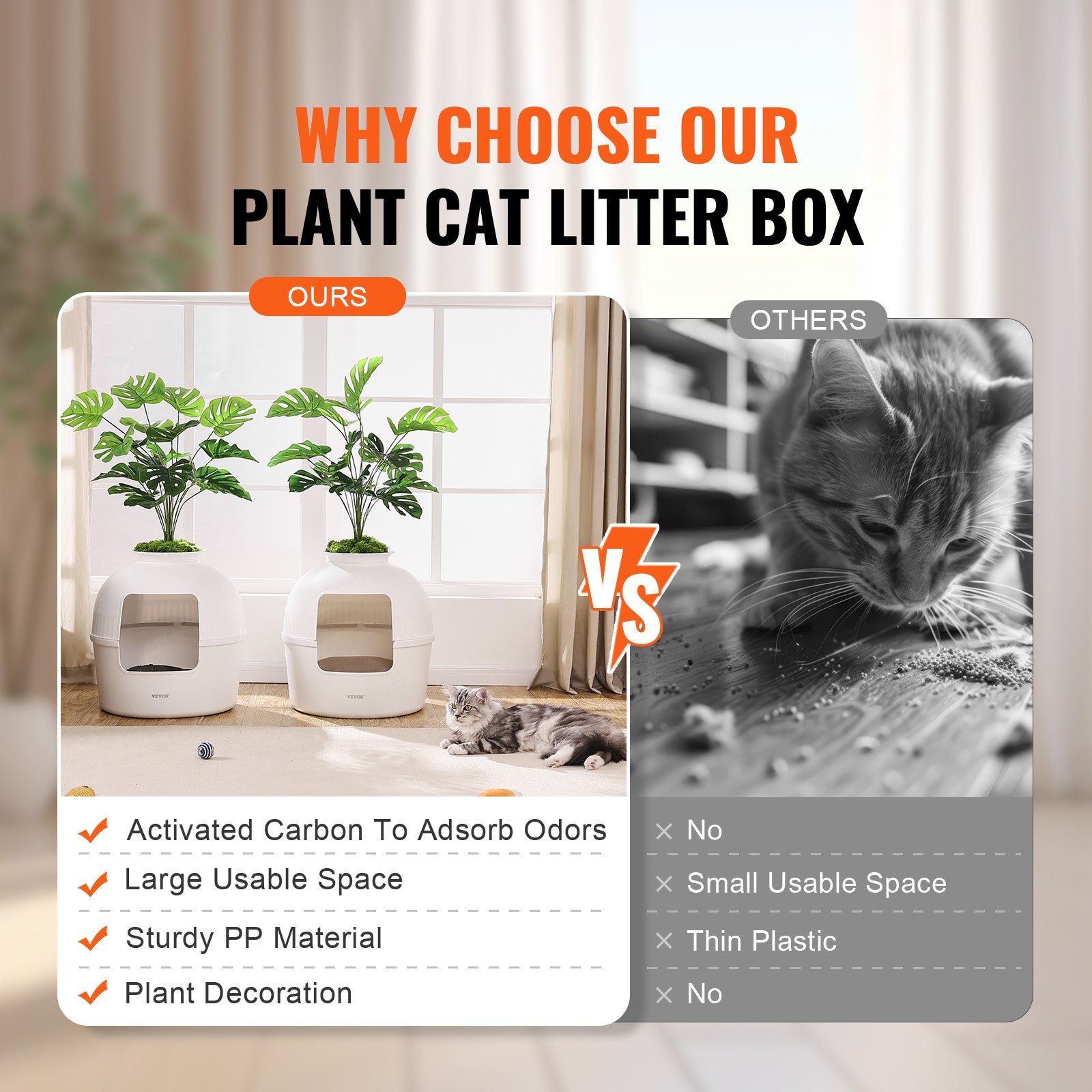 VEVOR Plant Cat Litter Box, Activated Carbon Adsorption System, Hidden Litter Box with 9.49 in Large Entrance, Lighting Decoration & Sturdy PP Material, Fit for Living Room/Corner/Outdoor Pool/Patio
