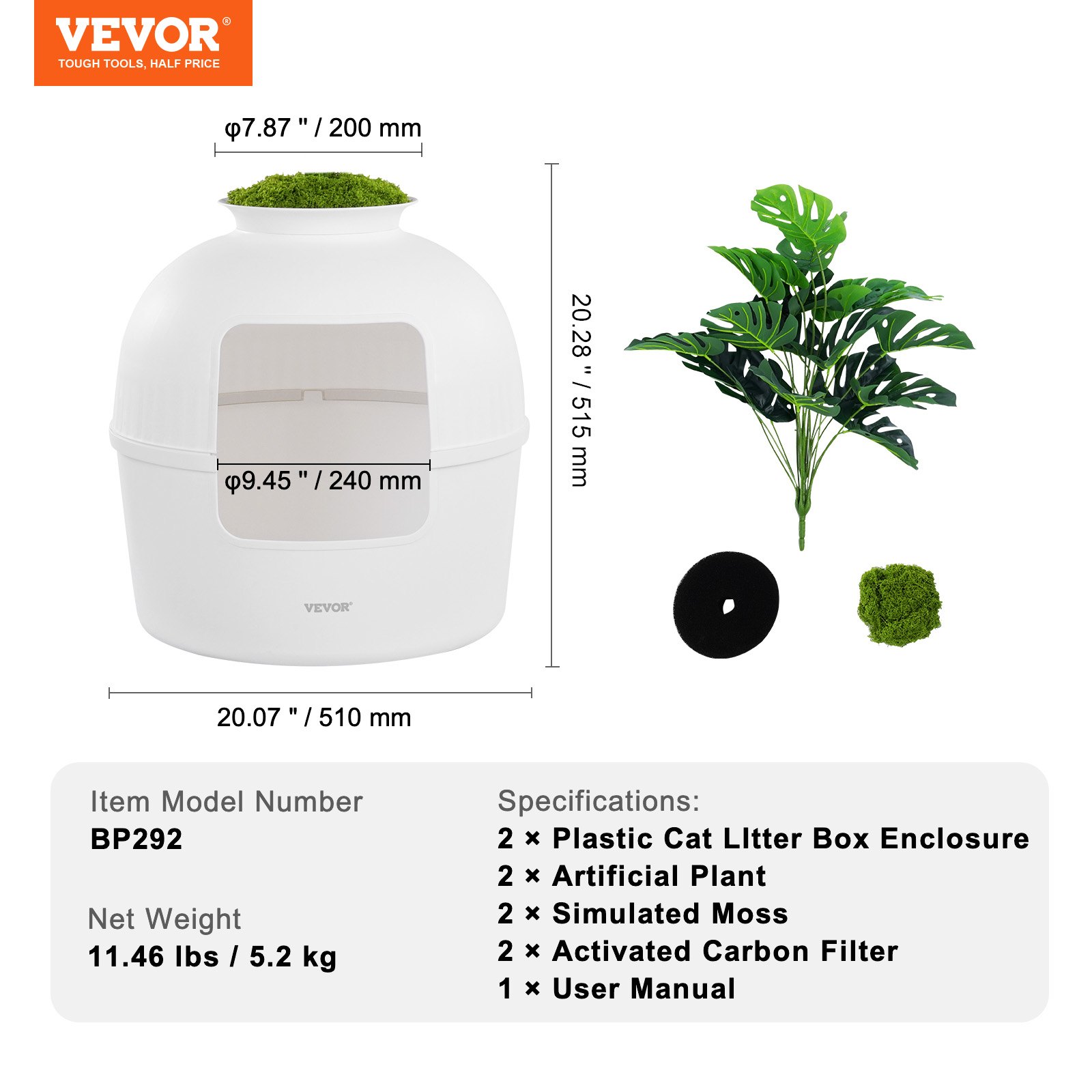 VEVOR Plant Cat Litter Box, Activated Carbon Adsorption System, Hidden Litter Box with 9.49 in Large Entrance, Lighting Decoration & Sturdy PP Material, Fit for Living Room/Corner/Outdoor Pool/Patio