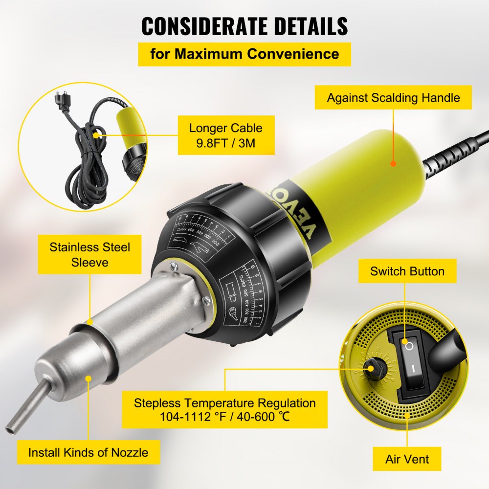 VEVOR Roofing Welder PVC Welding Gun 3 pcs 1000W 220V Hot Air Welding Tool Kit