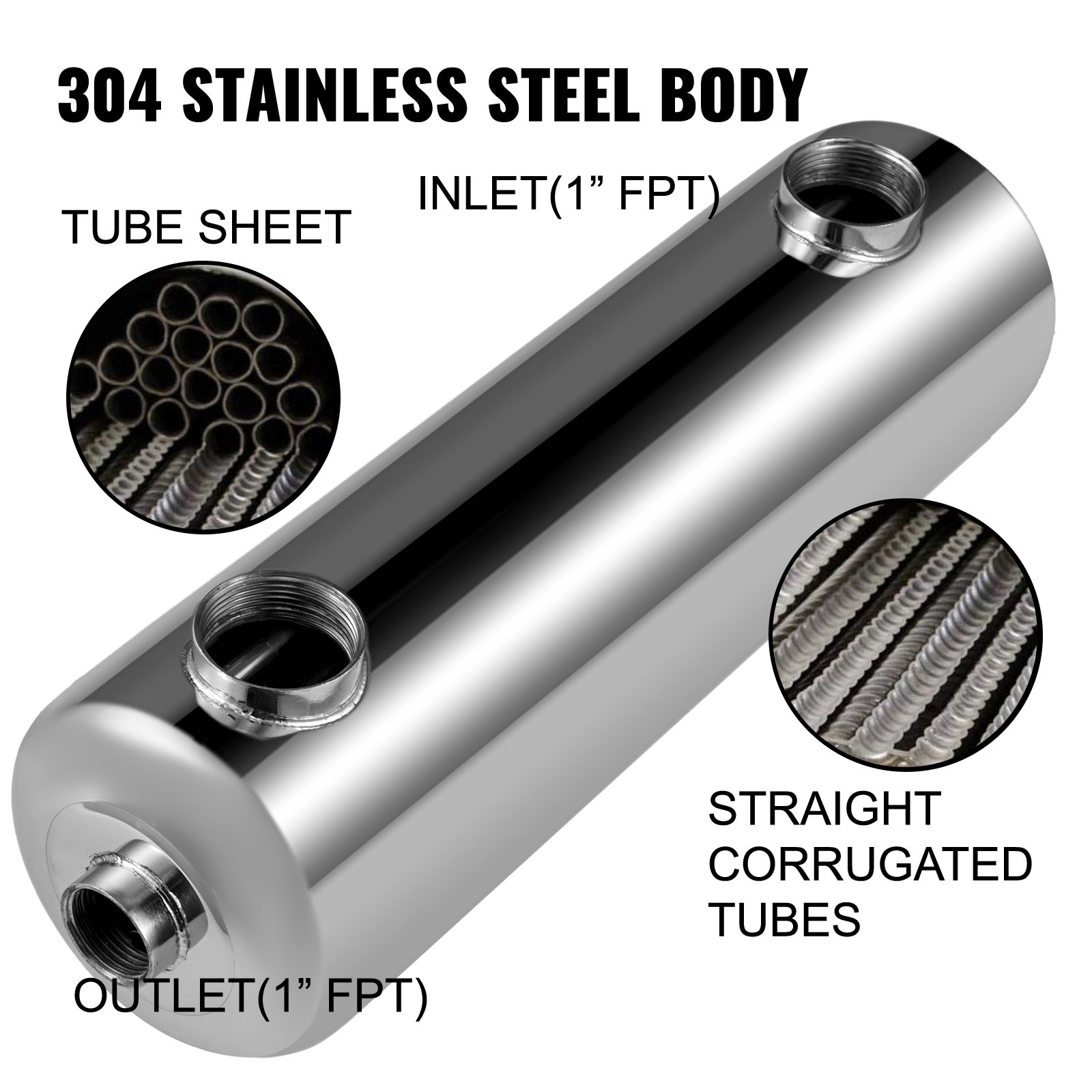 Pool Heat Exchanger Tube Shell Heat Exchanger 400k Ss304 Same Side 1"+ 2"fpt