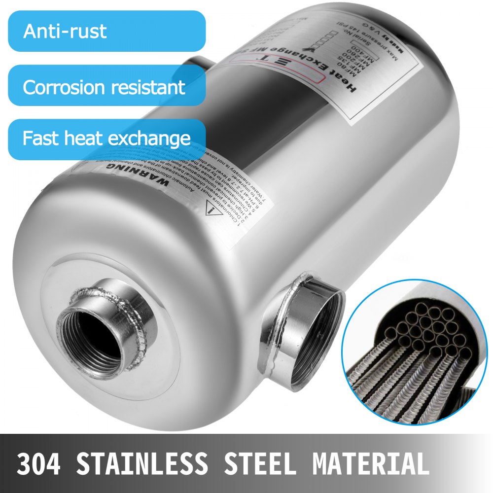 Pool Heat Exchanger Tube Shell Heat Exchanger 95kbtu Ss304 1"+ 1 1/2"fpt