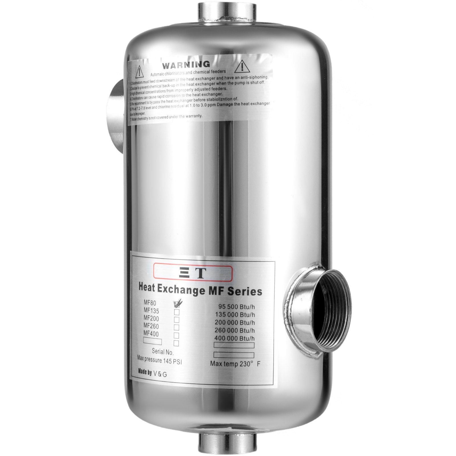 Pool Heat Exchanger Tube Shell Heat Exchanger 95kbtu Ss304 1"+ 1 1/2"fpt