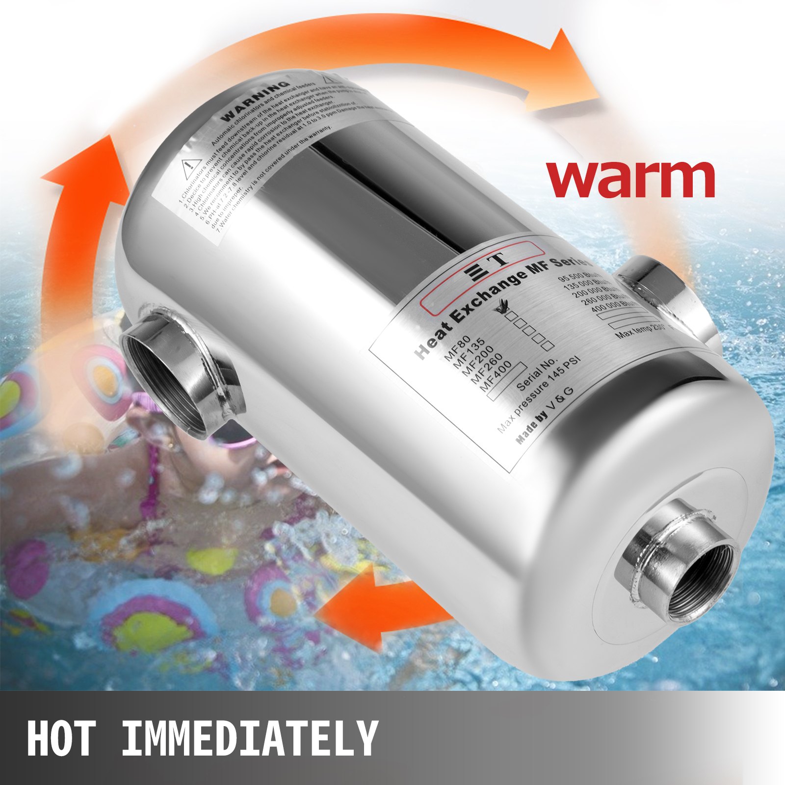 Pool Heat Exchanger Tube Shell Heat Exchanger 95kbtu Ss304 1"+ 1 1/2"fpt