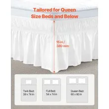 VEVOR Wrap Around Bed Skirt, 15 in Drop, White Dust Ruffle Queen Size, Three Sides Adjustable Bedskirt with Easy Fit Elastic Strap, Wrinkle-Free & Fade-Resistant, Machine Washable, for Queen Size Bed