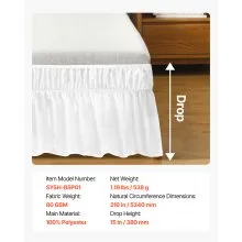 VEVOR Wrap Around Bed Skirt, 15 in Drop, White Dust Ruffle Queen Size, Three Sides Adjustable Bedskirt with Easy Fit Elastic Strap, Wrinkle-Free & Fade-Resistant, Machine Washable, for Queen Size Bed