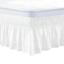 VEVOR Wrap Around Bed Skirt, 15 in Drop, White Dust Ruffle Queen Size, Three Sides Adjustable Bedskirt with Easy Fit Elastic Strap, Wrinkle-Free & Fade-Resistant, Machine Washable, for Queen Size Bed