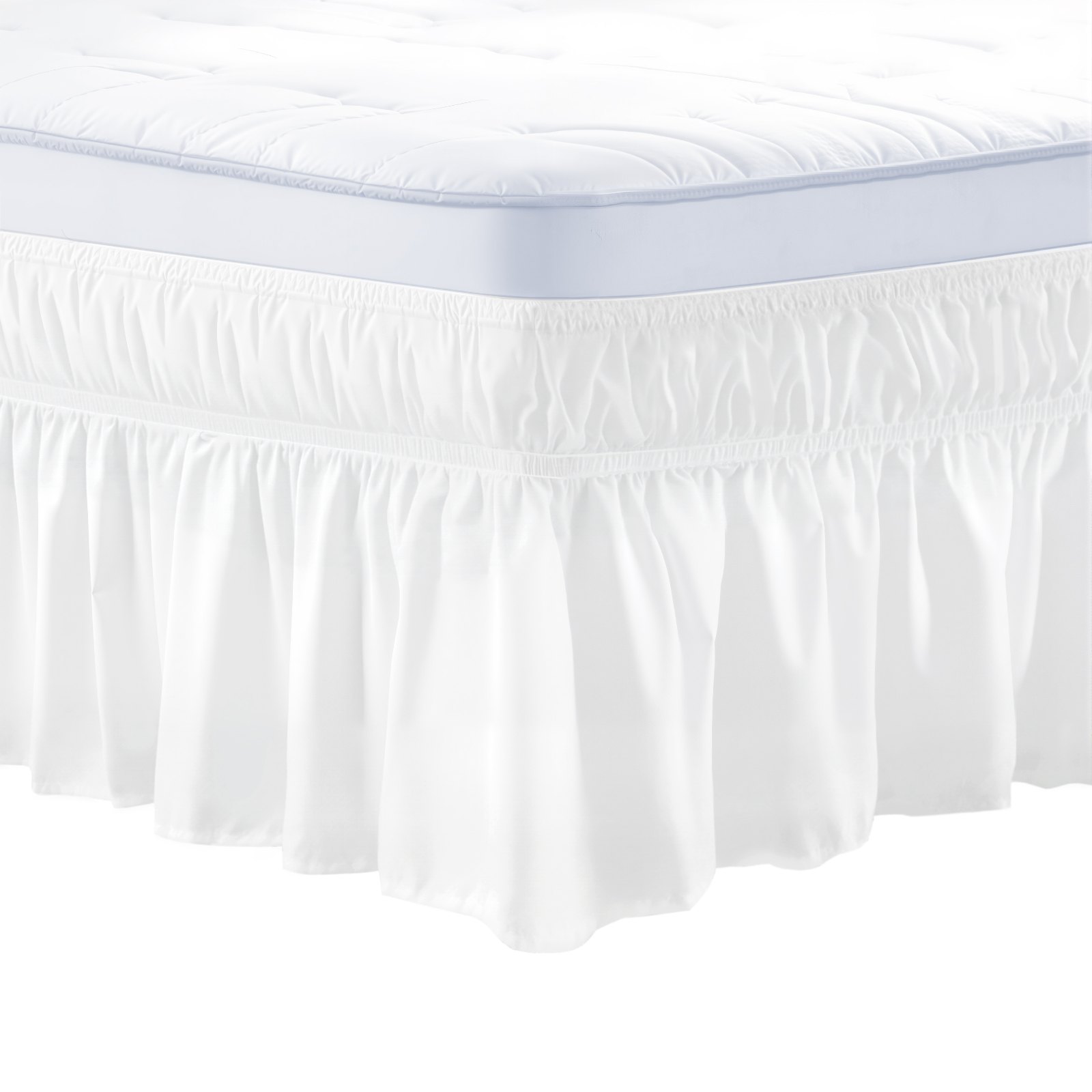 VEVOR Wrap Around Bed Skirt, 15 in Drop, White Dust Ruffle Queen Size, Three Sides Adjustable Bedskirt with Easy Fit Elastic Strap, Wrinkle-Free & Fade-Resistant, Machine Washable, for Queen Size Bed