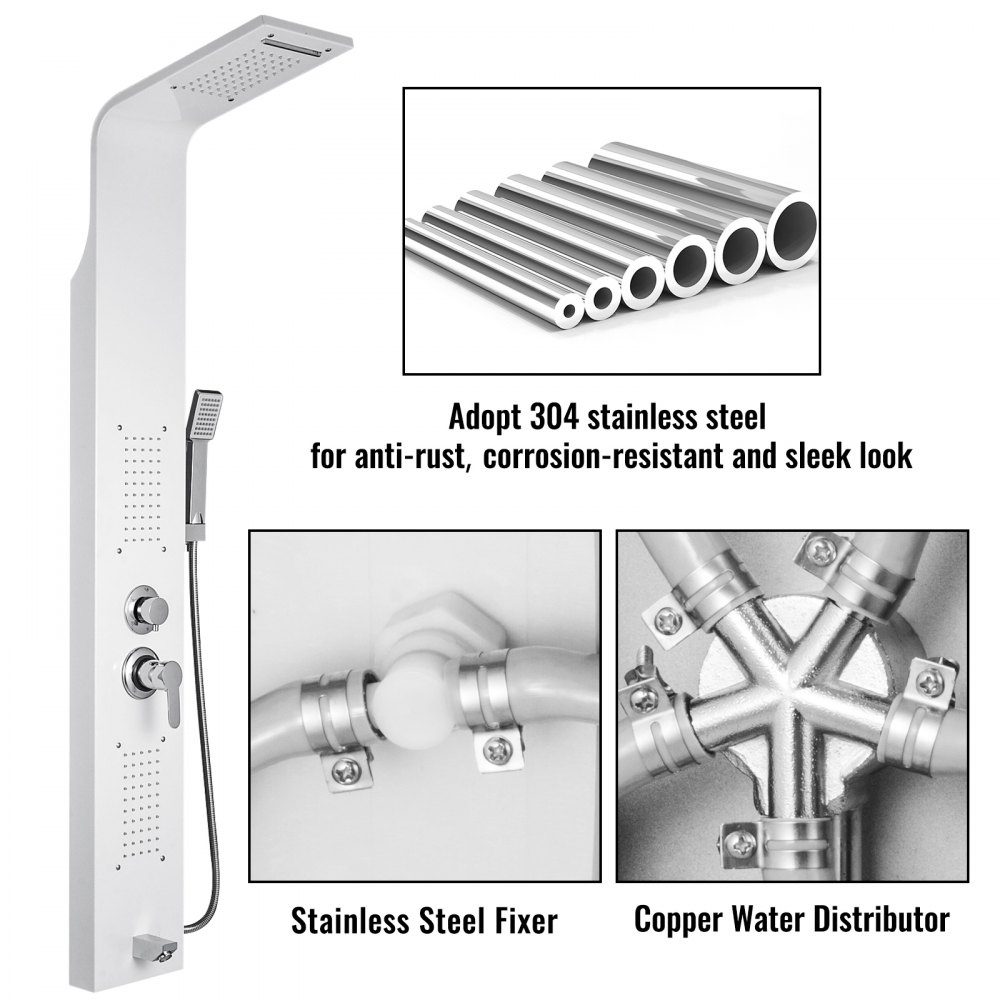 VEVOR 5 in 1 Shower Tower Panel Stainless Steel Mixer Panel Column Wall Mounted Panel Rainfall Complete System Unit Massage Jets Waterfall Bathroom Shower Tower (White Color)