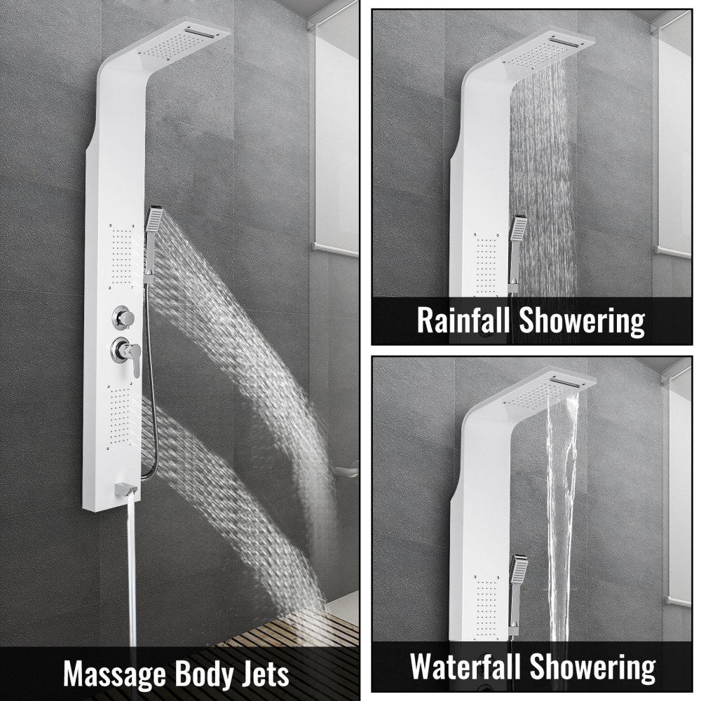 VEVOR 5 in 1 Shower Tower Panel Stainless Steel Mixer Panel Column Wall Mounted Panel Rainfall Complete System Unit Massage Jets Waterfall Bathroom Shower Tower (White Color)