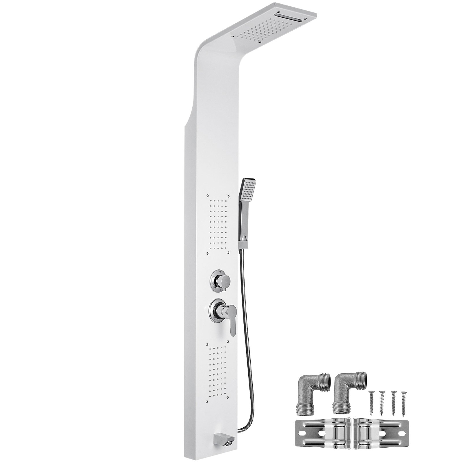 VEVOR shower panel with rainfall showerhead, handheld wand, and installation parts.