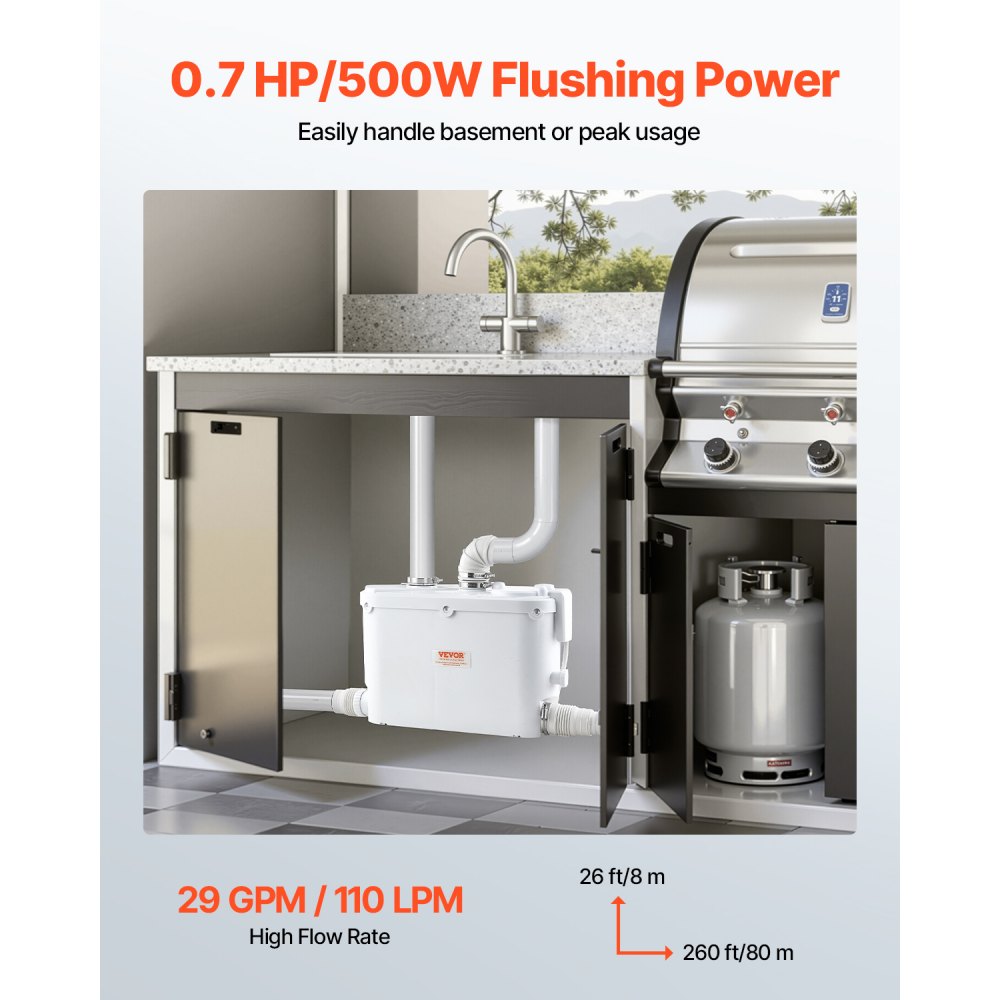 VEVOR Macerator Pump, 500W, 110 L/min(29 GPM) Flow, 26 ft/8 m Head, Macerator Sewerage Toilet Pump with 4 Water Inlets, Waste Water Disposal Upflush Machine for Kitchen, Basement, Shower, Sink, Laundry, Bathtub