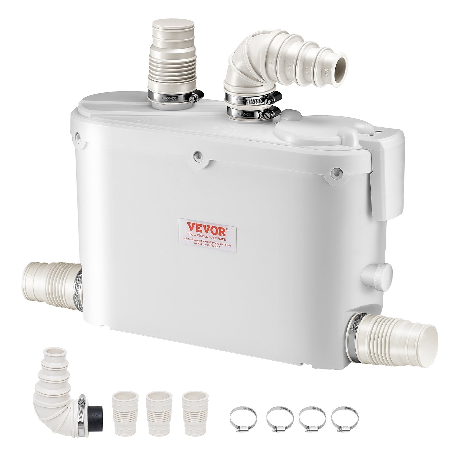 VEVOR Macerator Pump, 500W, 110 L/min(29 GPM) Flow, 26 ft/8 m Head, Macerator Sewerage Toilet Pump with 4 Water Inlets, Waste Water Disposal Upflush Machine for Kitchen, Basement, Shower, Sink, Laundry, Bathtub