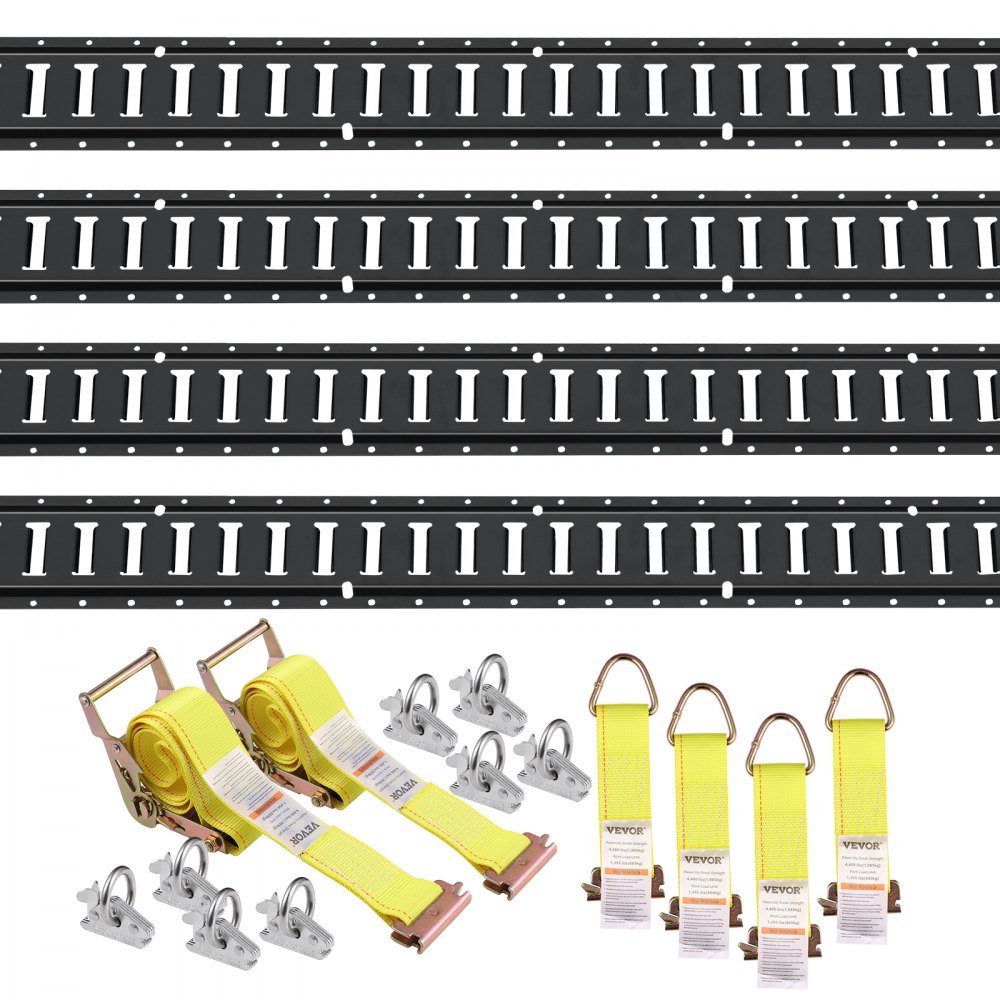 VEVOR E Track Tie-Down Rail Kit, 18PCS 5' E-Tracks Set innehåller 4 stålskenor & 8 O-ringsankare & 4 fästanordningar med D-ring & 2 spärrband, Säkringstillbehör för lastmotorcyklar, 2000 lbs