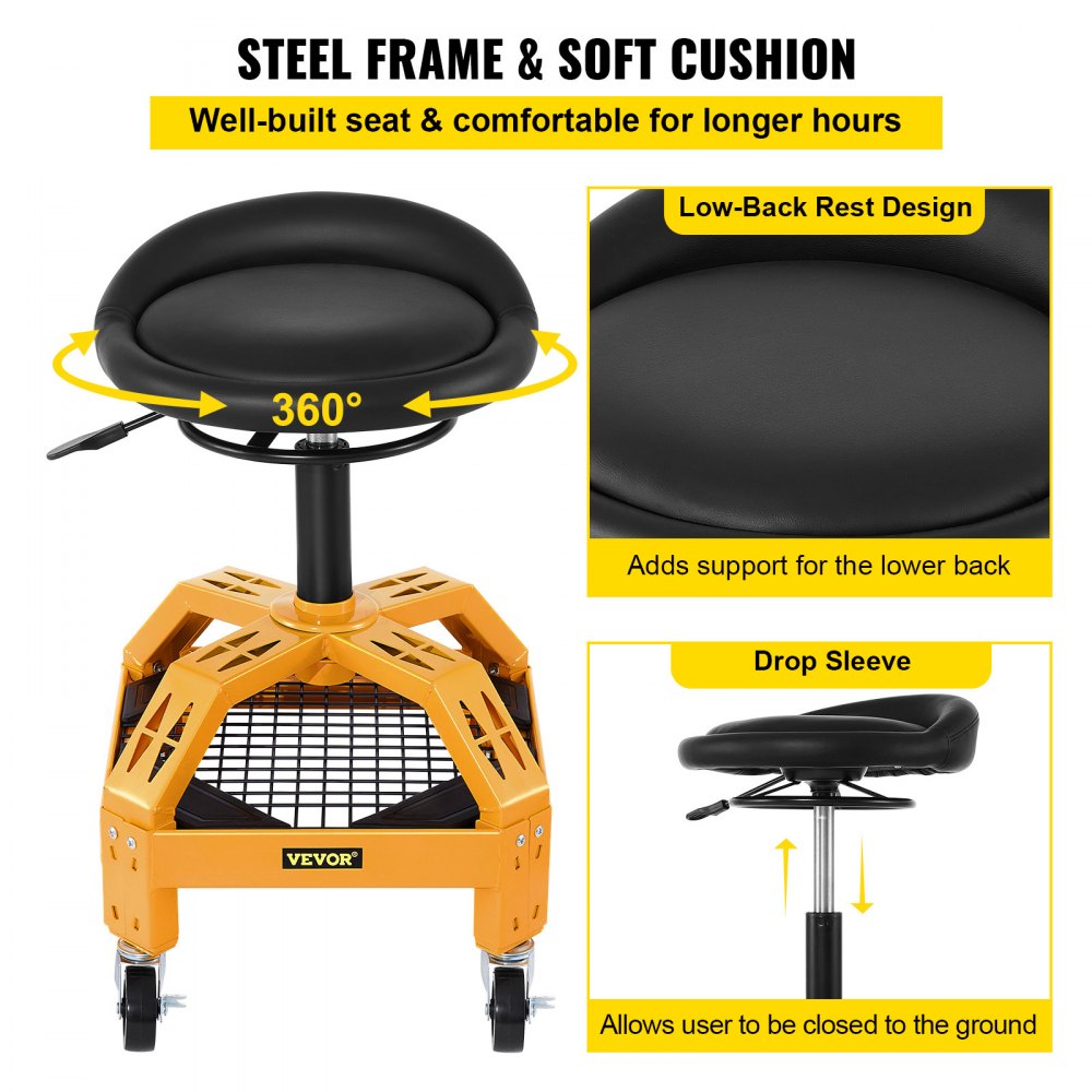 VEVOR Rolling Garage Stool, 135 kg Capacity, Adjustable Height from 61 cm to 73 cm, Mechanic Seat with 360-degree Swivel Wheels and Tool Tray, for Workshop, Auto Repair Shop, Yellow
