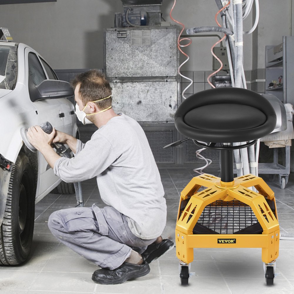 VEVOR Rolling Garage Stool, 135 kg Capacity, Adjustable Height from 61 cm to 73 cm, Mechanic Seat with 360-degree Swivel Wheels and Tool Tray, for Workshop, Auto Repair Shop, Yellow