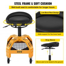 VEVOR Rolling Garage Stool, 300LBS Capacity, Adjustable Height from 24 in to 28.7 in, Mechanic Seat with 360-degree Swivel Wheels and Tool Tray, for Workshop, Auto Repair Shop, Yellow