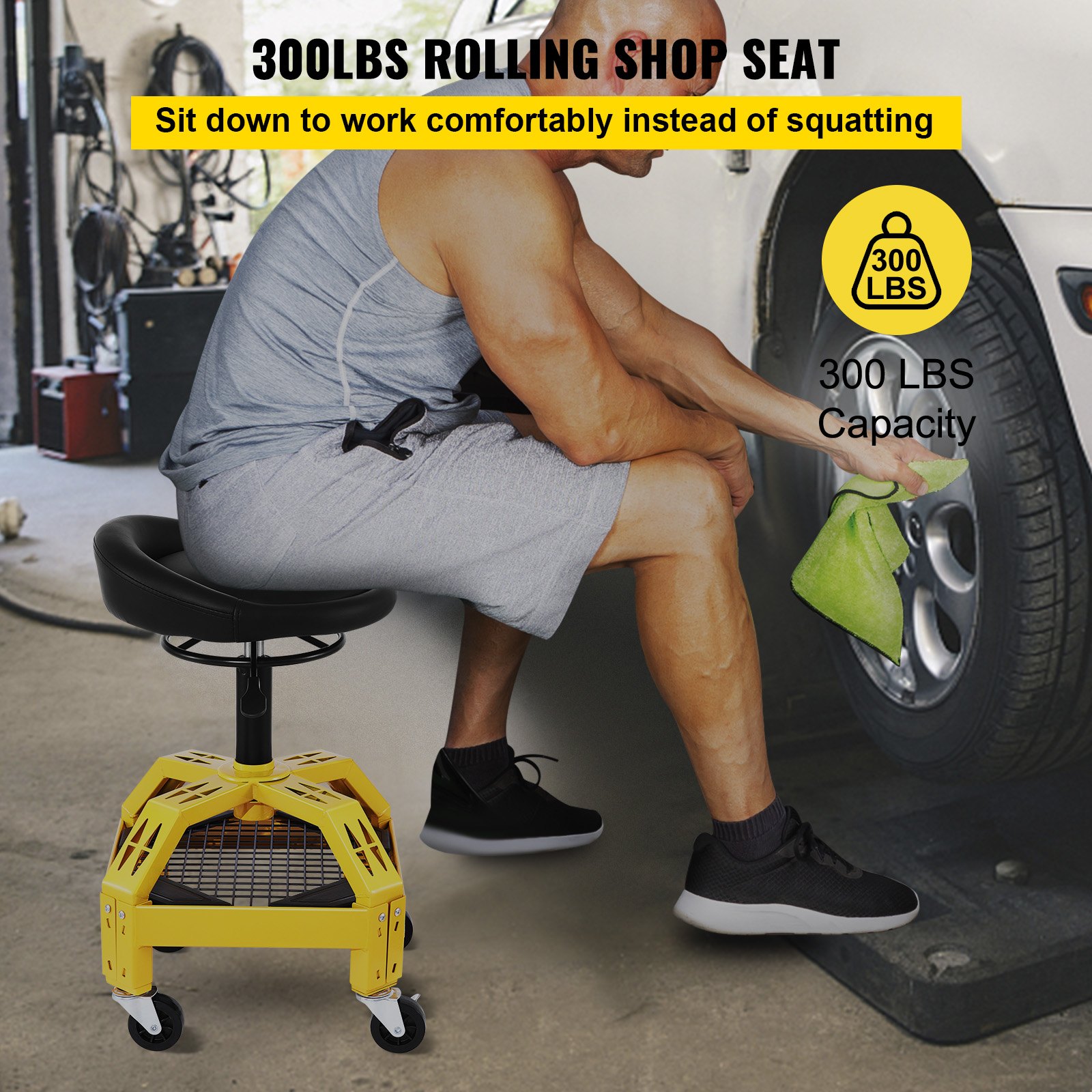 VEVOR Rolling Garage Stool, 135 KG Capacity, Adjustable Height from 61 cm to 73 cm, Mechanic Seat with 360-degree Swivel Wheels and Tool Tray, for Workshop, Auto Repair Shop, Yellow