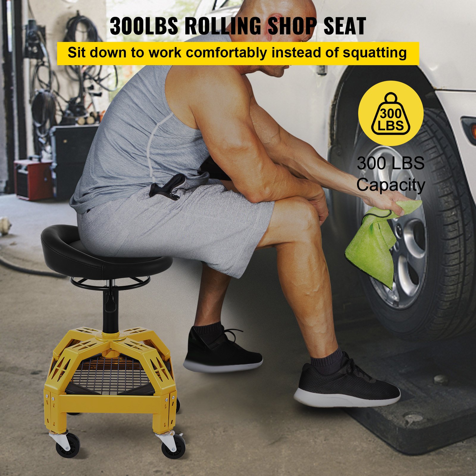 VEVOR Rolling Garage Stool, 135 kg Capacity, Adjustable Height from 61 cm to 73 cm, Mechanic Seat with 360-degree Swivel Wheels and Tool Tray, for Workshop, Auto Repair Shop, Yellow
