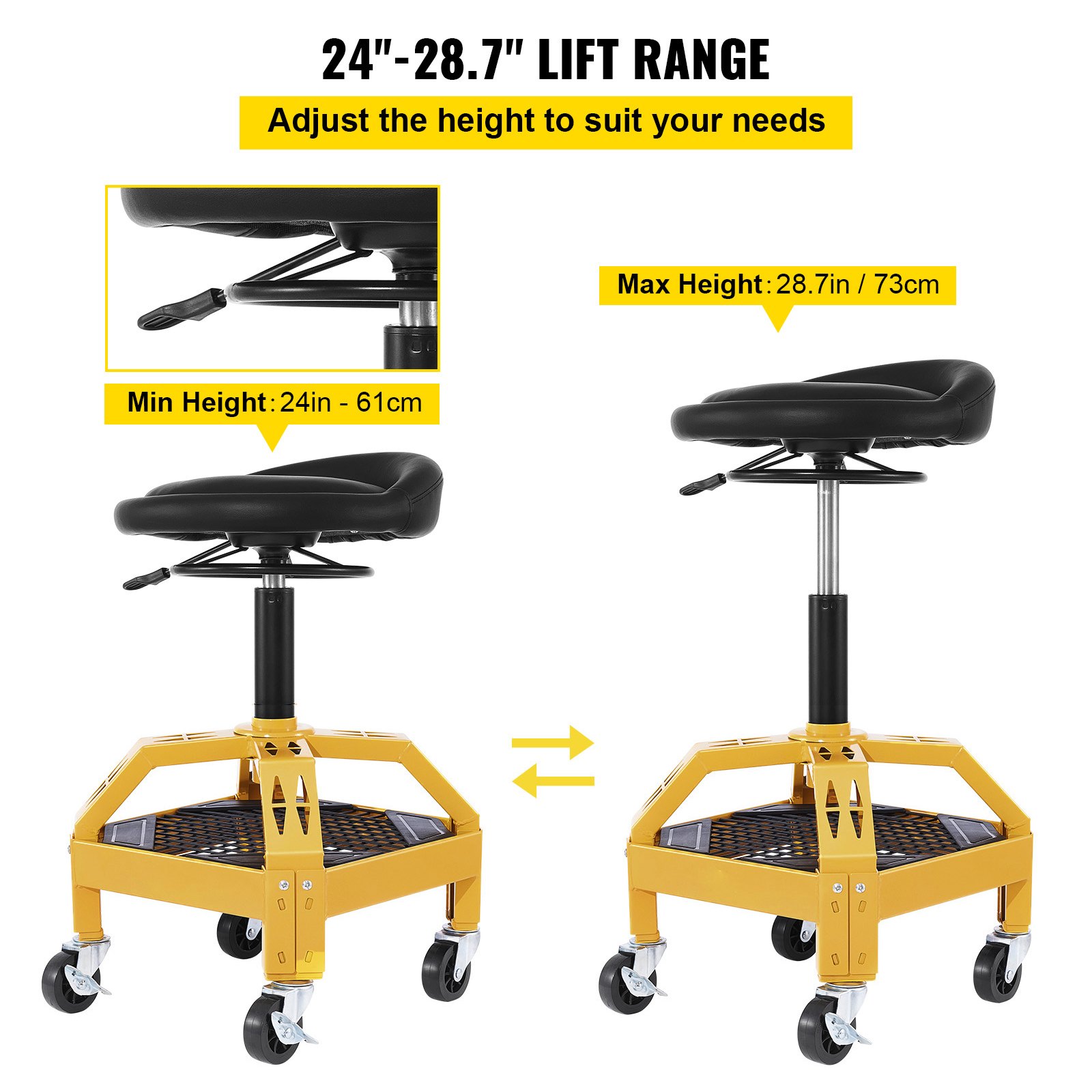 VEVOR Rolling Garage Stool, 135 kg Capacity, Adjustable Height from 61 cm to 73 cm, Mechanic Seat with 360-degree Swivel Wheels and Tool Tray, for Workshop, Auto Repair Shop, Yellow