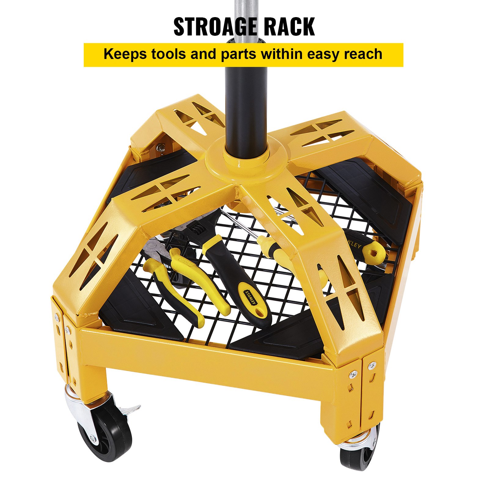 VEVOR Rolling Garage Stool, 135 kg Capacity, Adjustable Height from 61 cm to 73 cm, Mechanic Seat with 360-degree Swivel Wheels and Tool Tray, for Workshop, Auto Repair Shop, Yellow