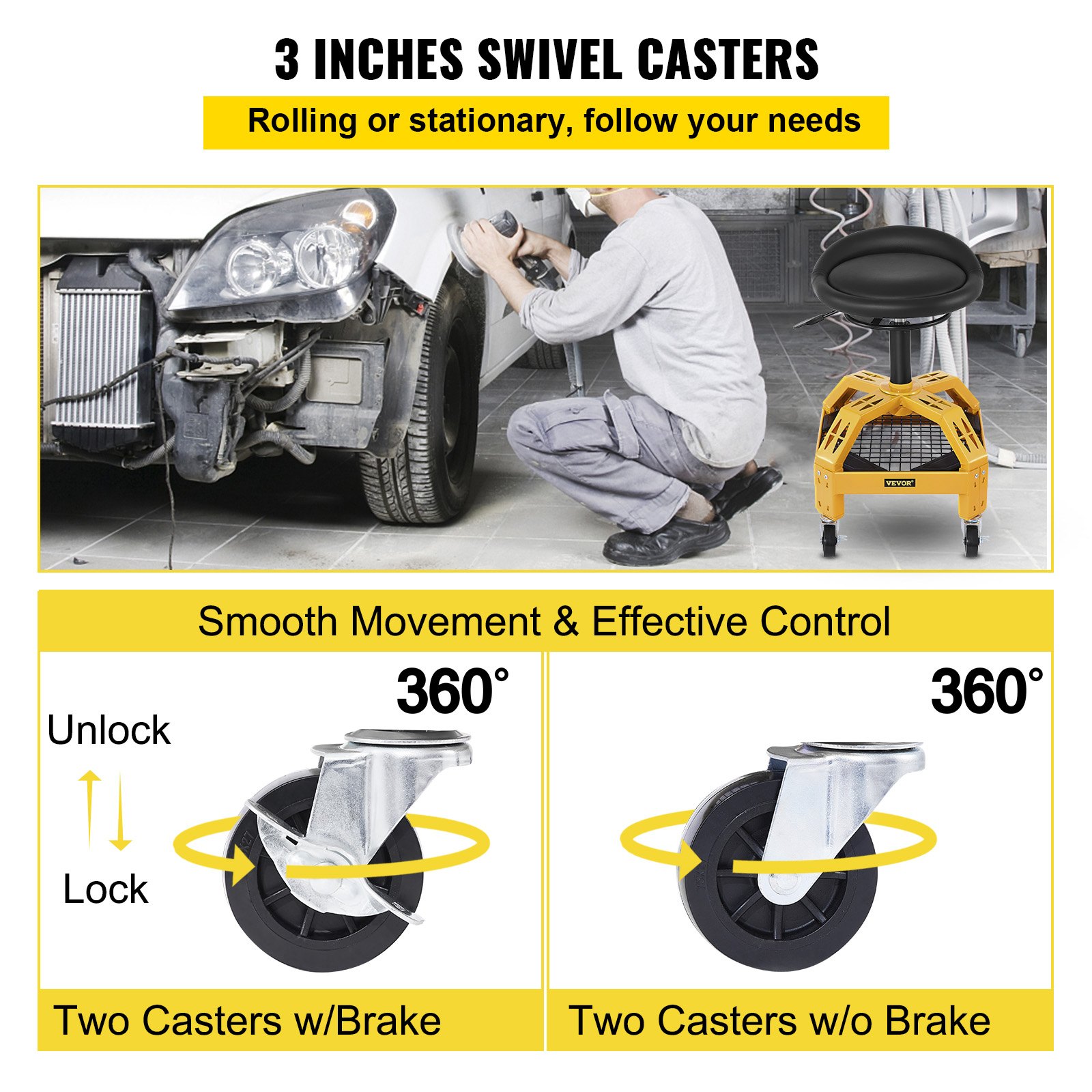 VEVOR Rolling Garage Stool, 135 kg Capacity, Adjustable Height from 61 cm to 73 cm, Mechanic Seat with 360-degree Swivel Wheels and Tool Tray, for Workshop, Auto Repair Shop, Yellow