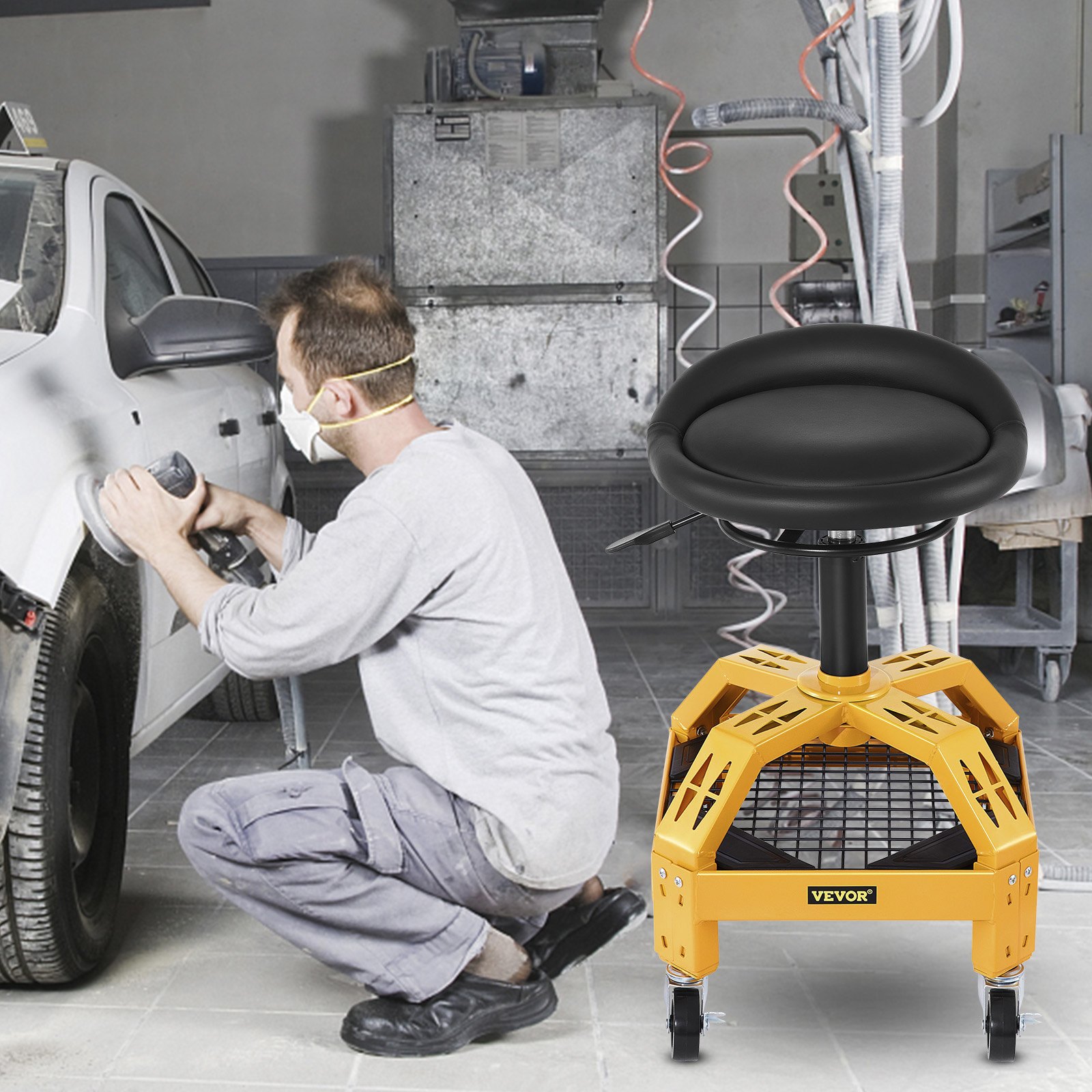 VEVOR Rolling Garage Stool, 135 kg Capacity, Adjustable Height from 61 cm to 73 cm, Mechanic Seat with 360-degree Swivel Wheels and Tool Tray, for Workshop, Auto Repair Shop, Yellow