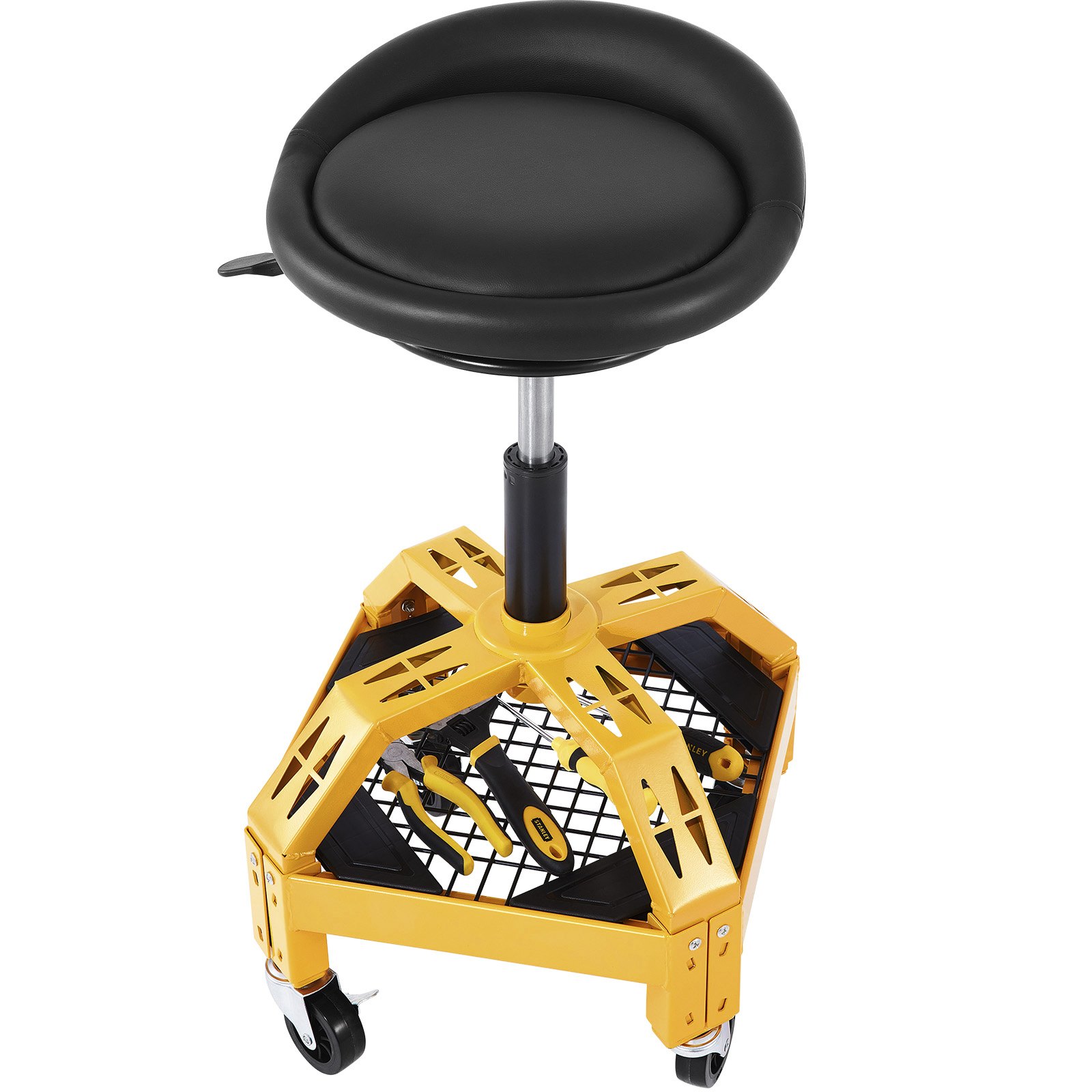 VEVOR Rolling Garage Stool, 135 kg Capacity, Adjustable Height from 61 cm to 73 cm, Mechanic Seat with 360-degree Swivel Wheels and Tool Tray, for Workshop, Auto Repair Shop, Yellow