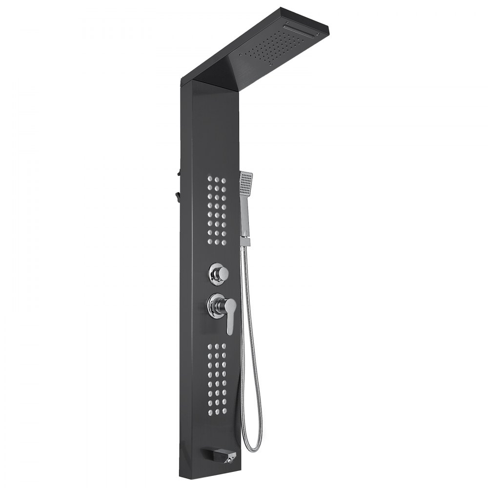 black VEVOR shower panel system with rainfall showerhead and multifunction controls