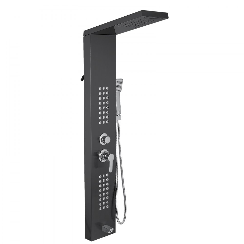 black VEVOR shower panel system with rainfall showerhead, handheld sprayer, and body jets.
