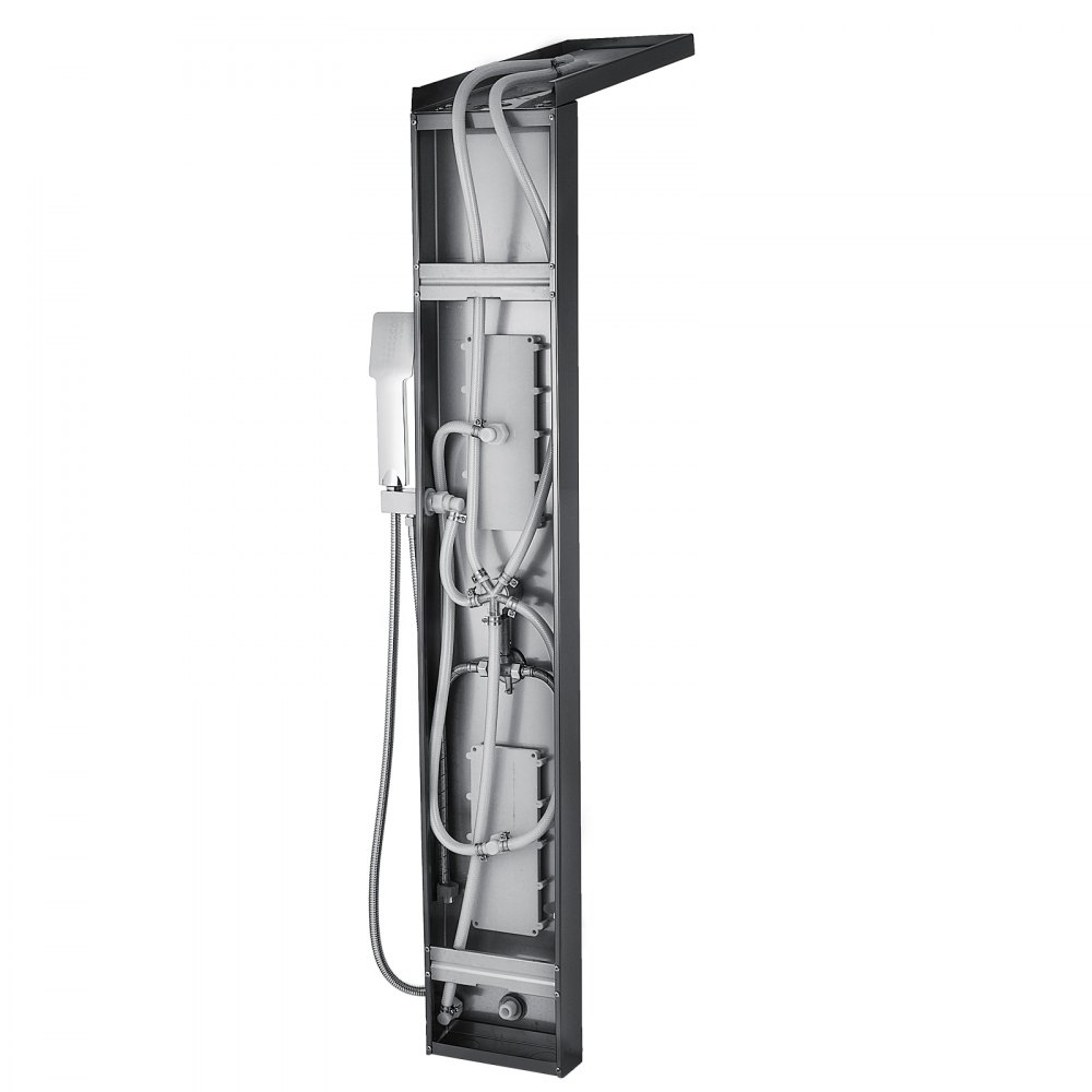 VEVOR shower panel system with exposed internal plumbing components and handheld showerhead.