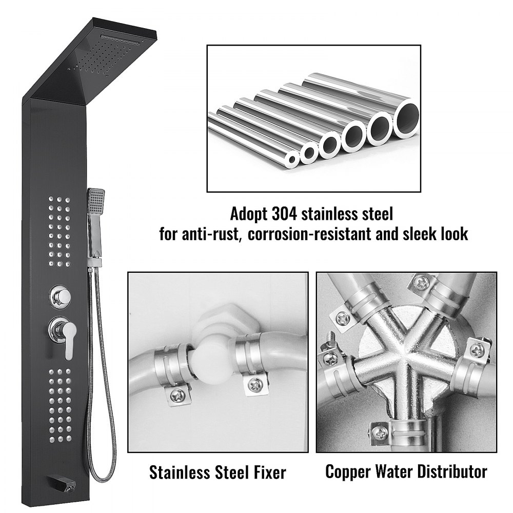 VEVOR 5 in 1 fashion Shower Tower Panel Stainless Steel with shower screen bathroom electric shower (Black Color)