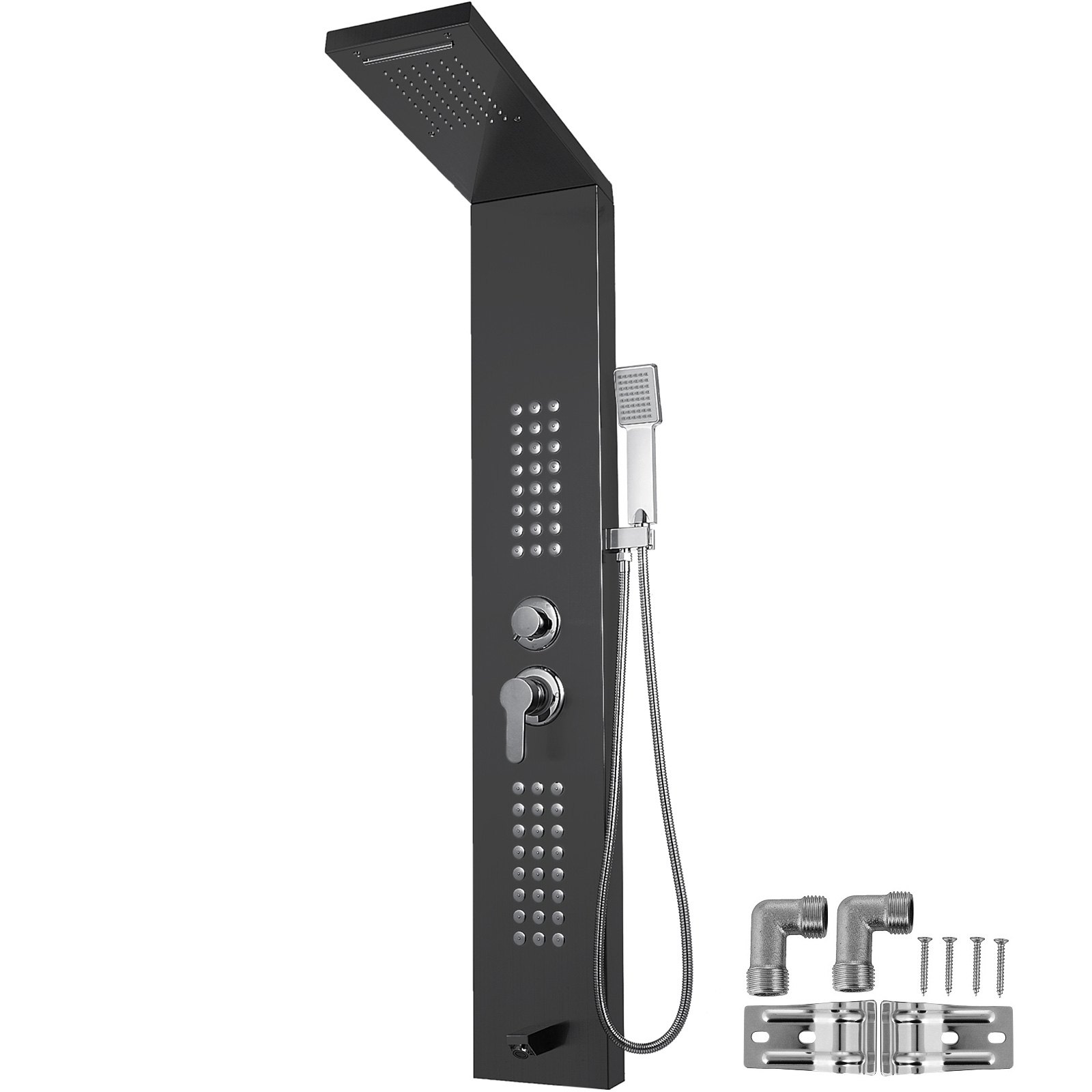 VEVOR shower panel system with rainfall head, handheld shower, and installation parts.