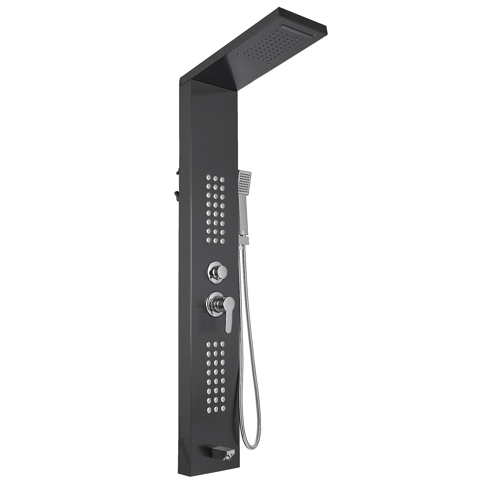 black VEVOR shower panel system with rainfall showerhead and multifunction controls