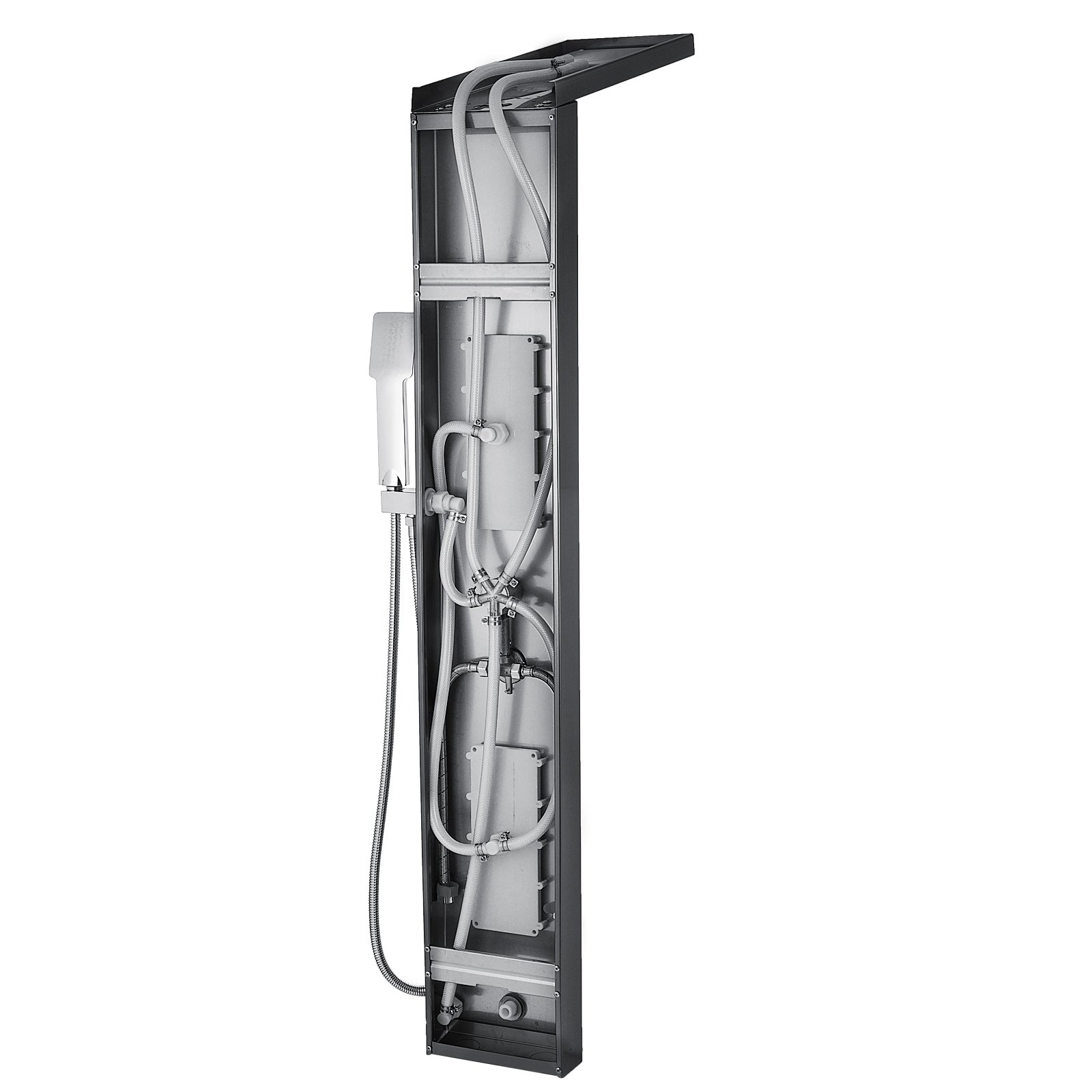 VEVOR shower panel system with exposed internal plumbing components and handheld showerhead.