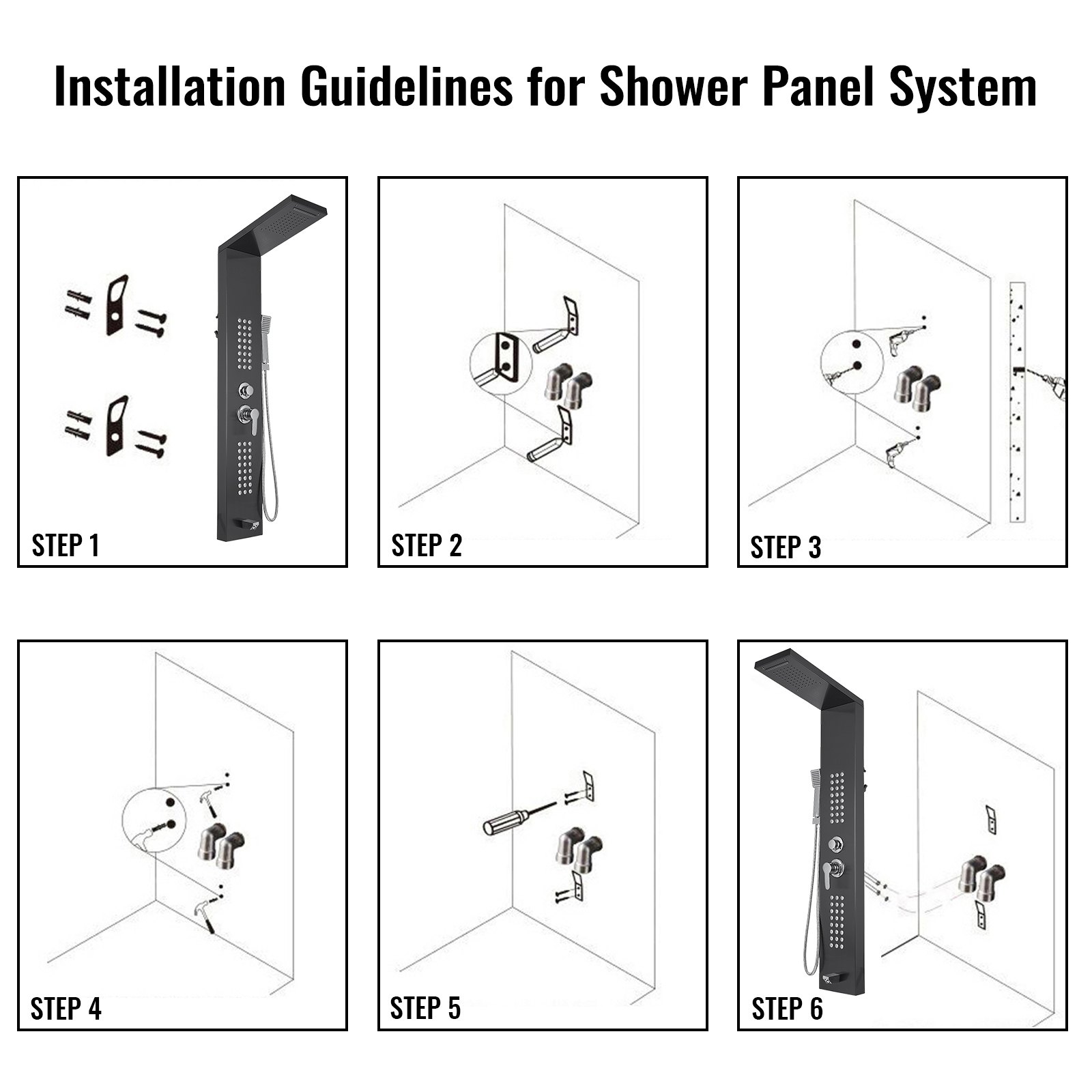 installation steps for the VEVOR shower panel system with mounting brackets and screws.