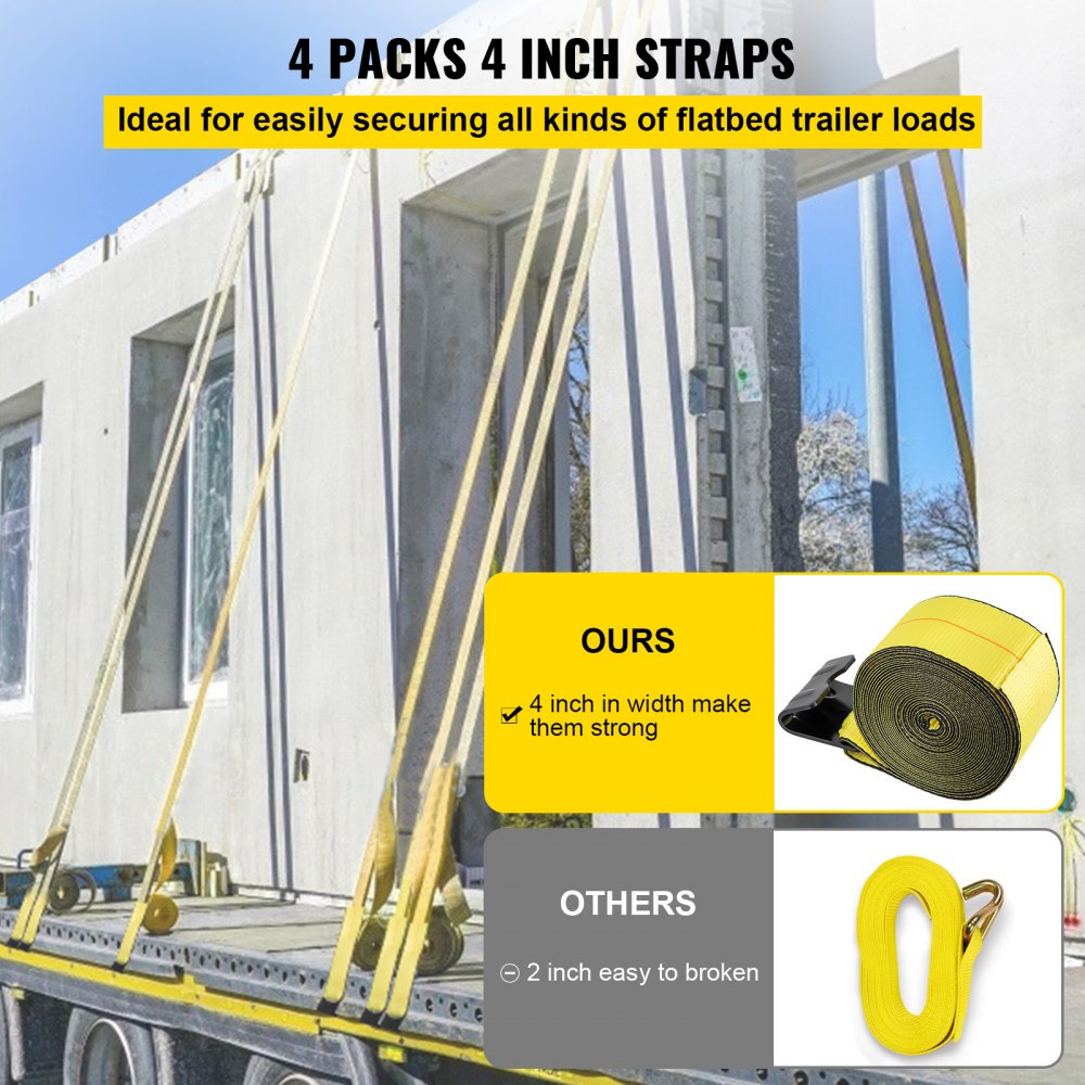 VEVOR Truck Straps 4"x30' Winch Straps with a Flat Hook Flatbed Tie Downs 15400lbs Load Capacity Flatbed Strap Cargo Control for Flatbeds, Trucks, Trailers, Farms, Rescues, Tree Saver, Yellow(4 Pack)
