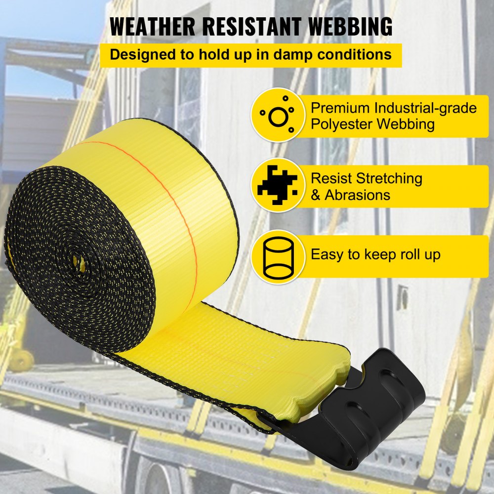 VEVOR Truck Straps 4"x30' Winch Straps with a Flat Hook Flatbed Tie Downs 15400lbs Load Capacity Flatbed Strap Cargo Control for Flatbeds, Trucks, Trailers, Farms, Rescues, Tree Saver, Yellow(4 Pack)